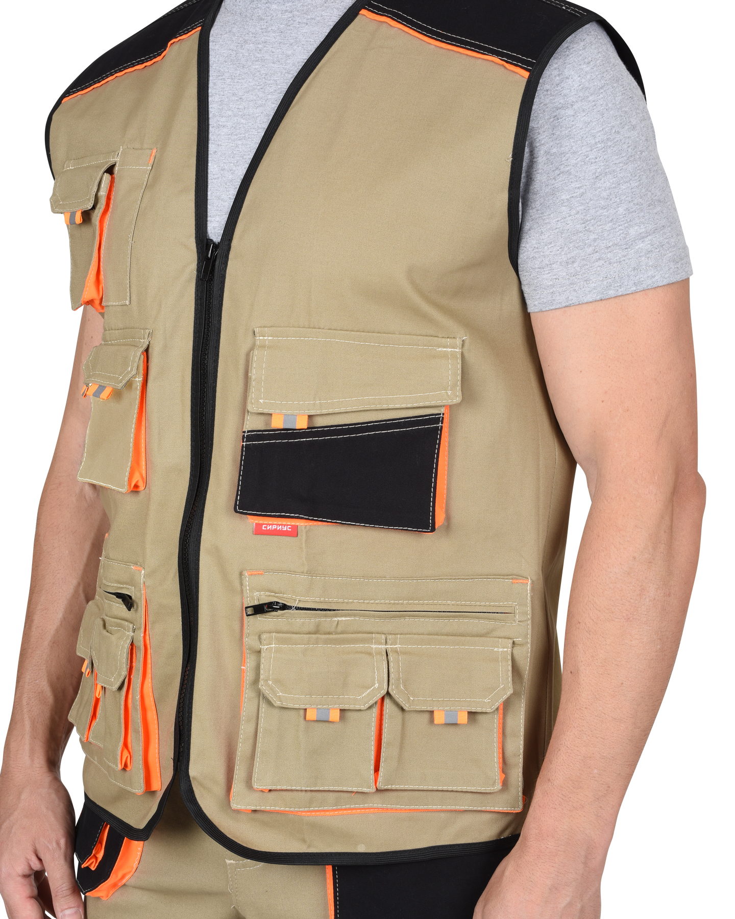 Жилет СИРИУС-МАНХЕТТЕН песочный с оранж. и черным тк. мех. стрейч пл. 250г/кв.м 