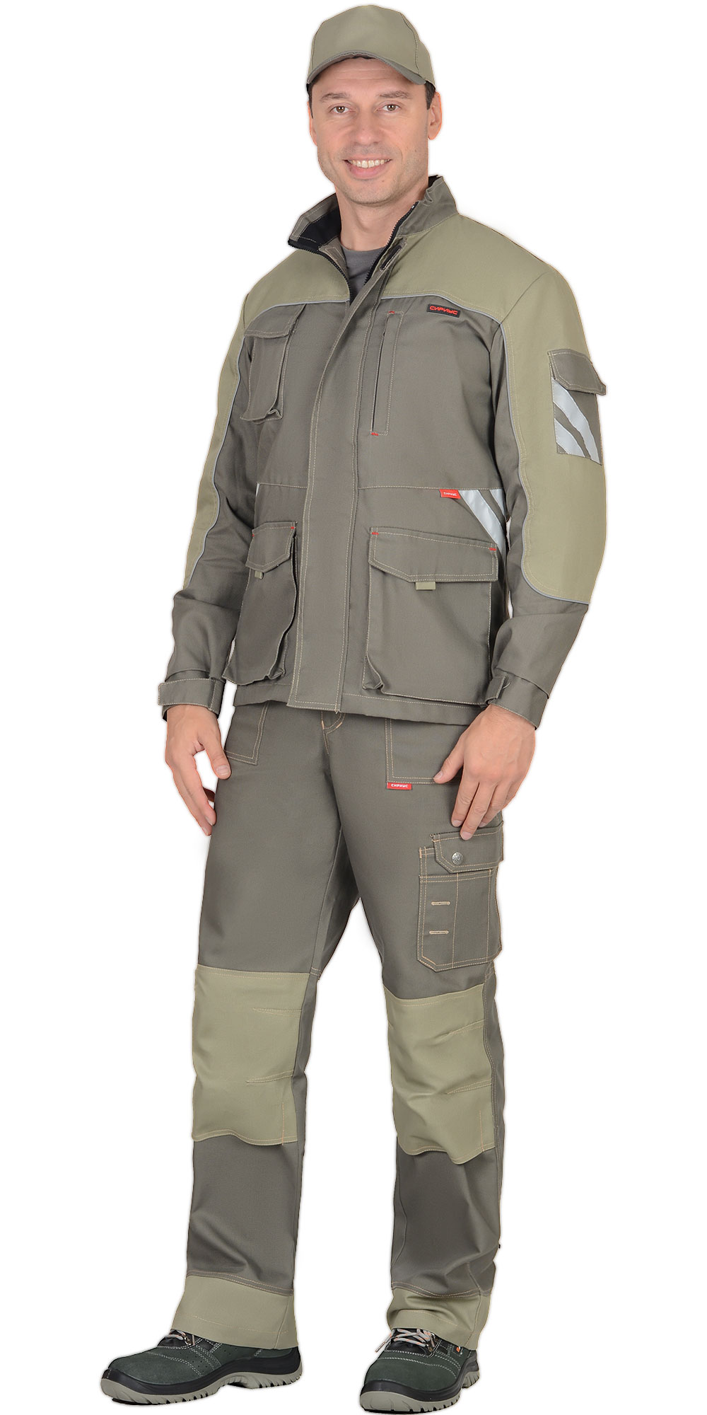 Костюм СИРИУС-ВЕСТ-ВОРК куртка дл, п/к т.оливковый со св.оливковым пл. 275 г/кв.м 