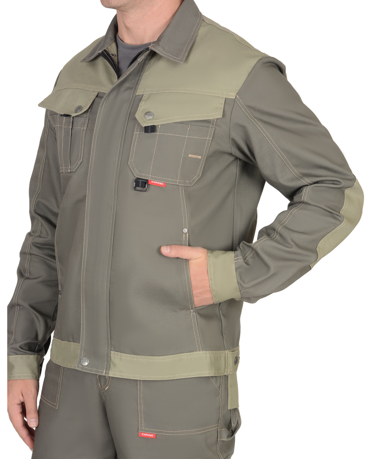 Костюм СИРИУС-ВЕСТ-ВОРК куртка кор., п/к т.оливковый со св.оливковым пл. 275 г/кв.м 