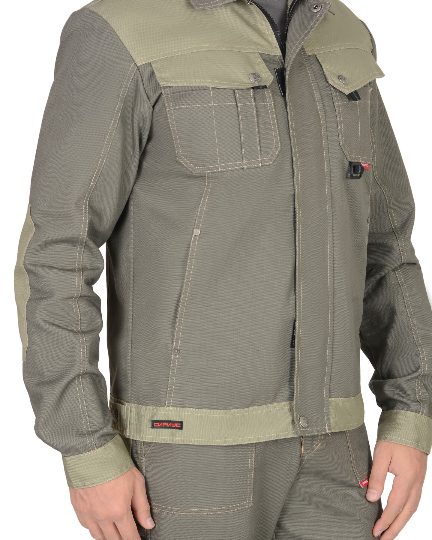 Костюм СИРИУС-ВЕСТ-ВОРК куртка кор., п/к т.оливковый со св.оливковым пл. 275 г/кв.м 