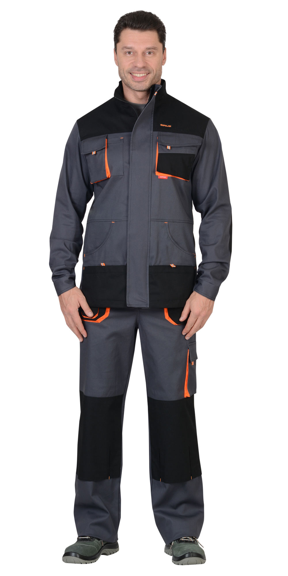 Костюм СИРИУС-МАНХЕТТЕН куртка дл., п/к т.серый с оранж. и черным тк. стрейч пл. 250 г/кв.м 