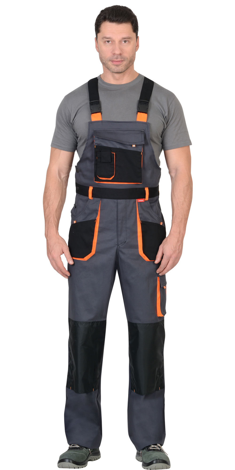 Костюм СИРИУС-МАНХЕТТЕН куртка дл., п/к т.серый с оранж. и черным тк. стрейч пл. 250 г/кв.м 