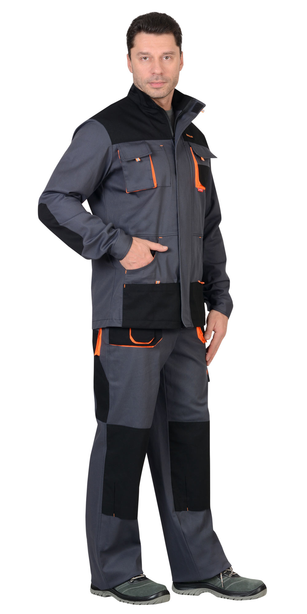 Костюм СИРИУС-МАНХЕТТЕН куртка дл., п/к т.серый с оранж. и черным тк. стрейч пл. 250 г/кв.м 