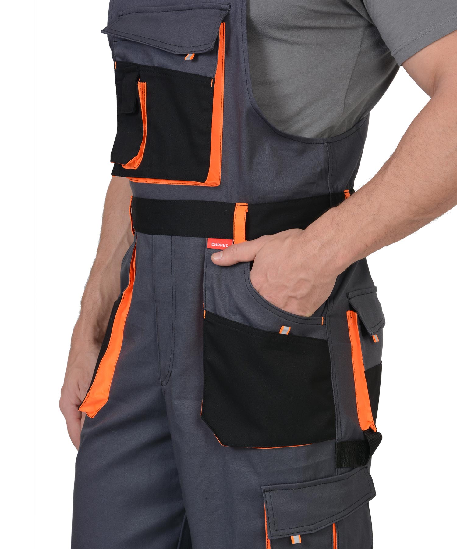 Костюм СИРИУС-МАНХЕТТЕН куртка, п/к т.серый с оранж. и черным тк. стрейч пл. 250 г/кв.м 