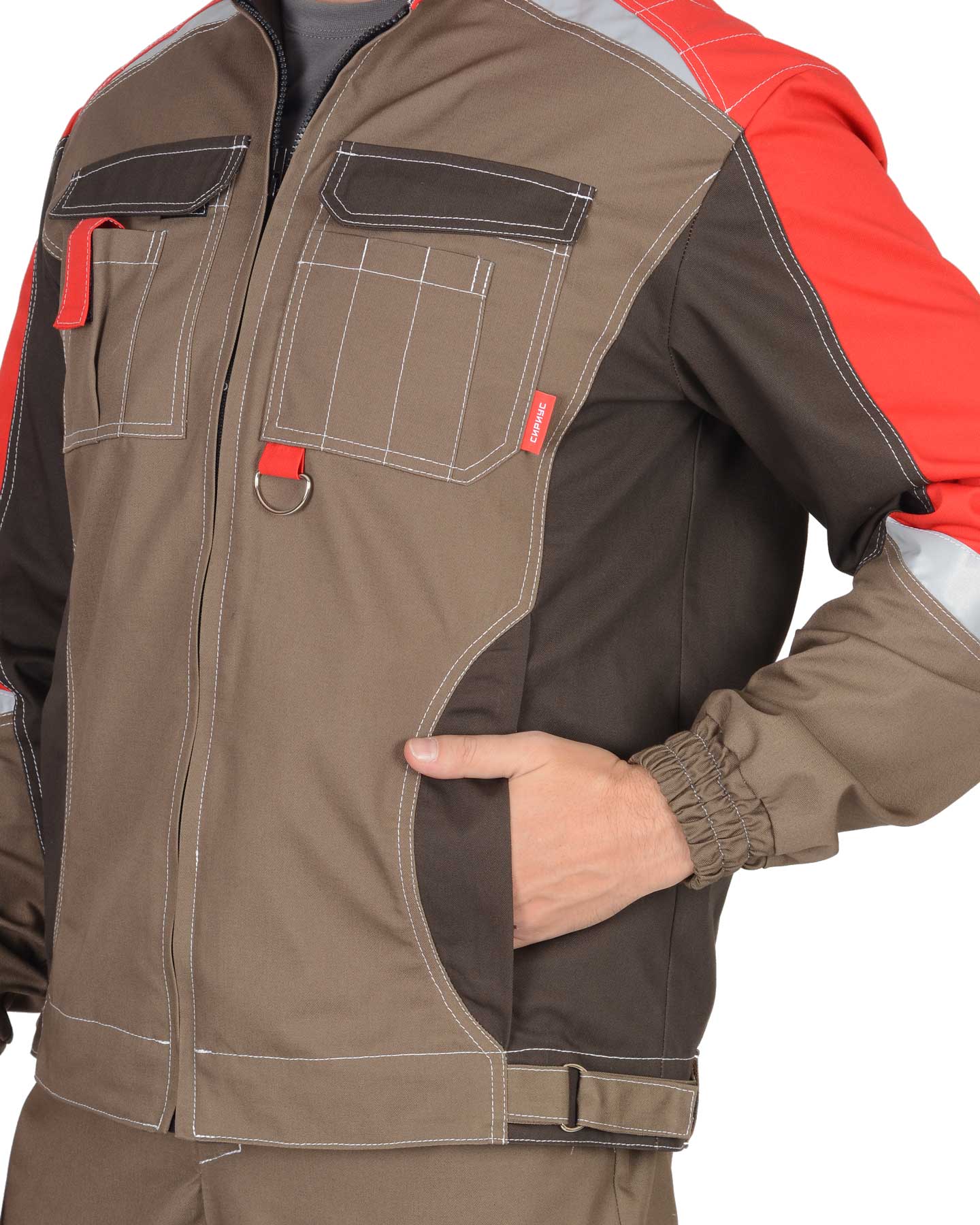 Костюм СИРИУС-ФАВОРИТ-МЕГА куртка, п/к, светло-коричневый с коричневым, красным и СОП