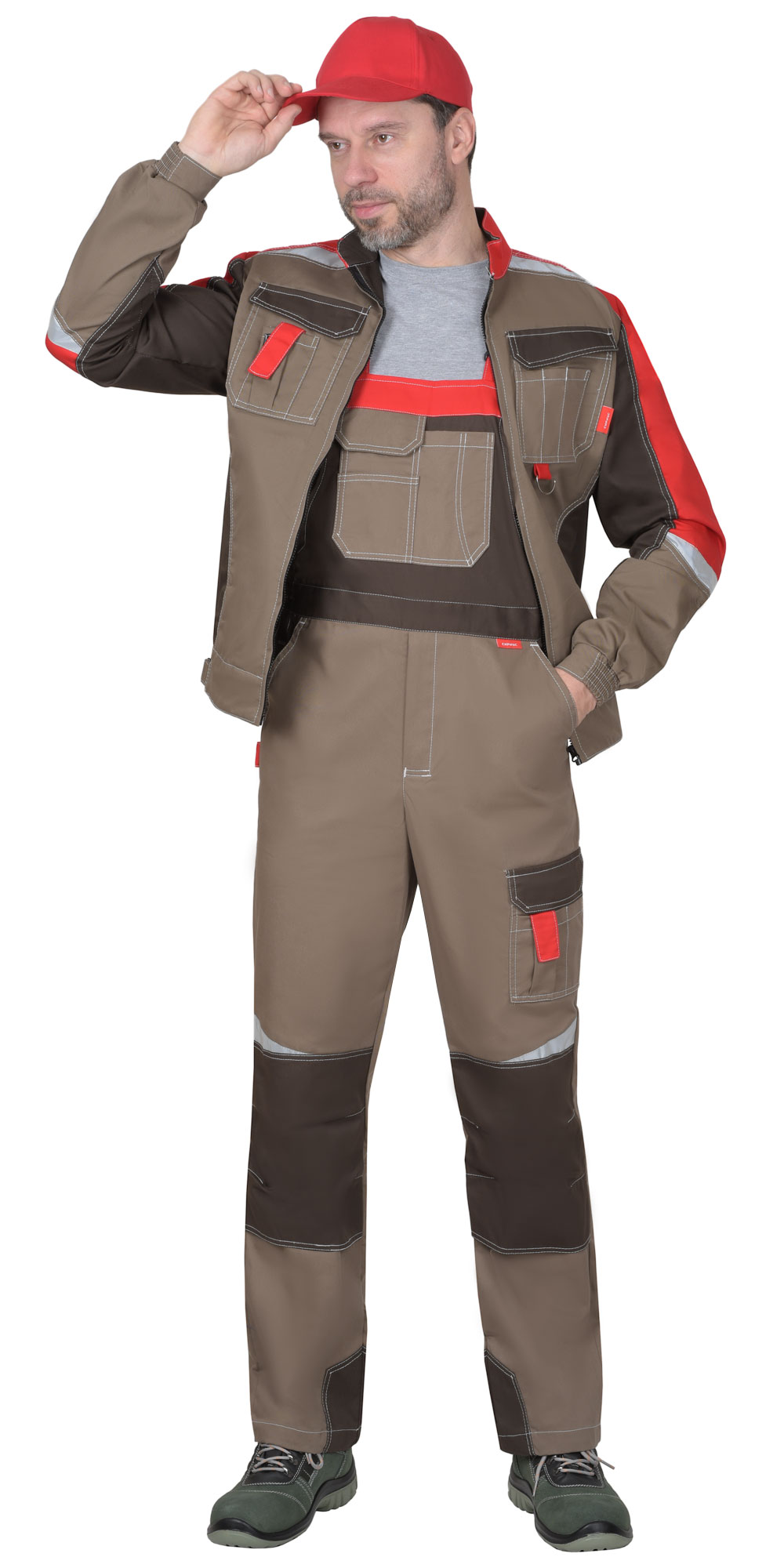 Костюм СИРИУС-ФАВОРИТ-МЕГА куртка, п/к, светло-коричневый с коричневым, красным и СОП