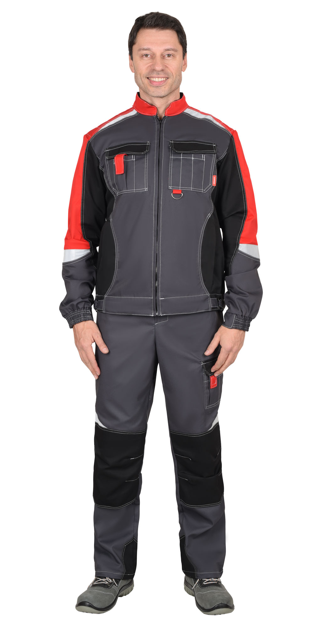 Костюм мужской летний СИРИУС-ФАВОРИТ-МЕГА куртка и полукомбинезон, серый с черным и красным, СОП 