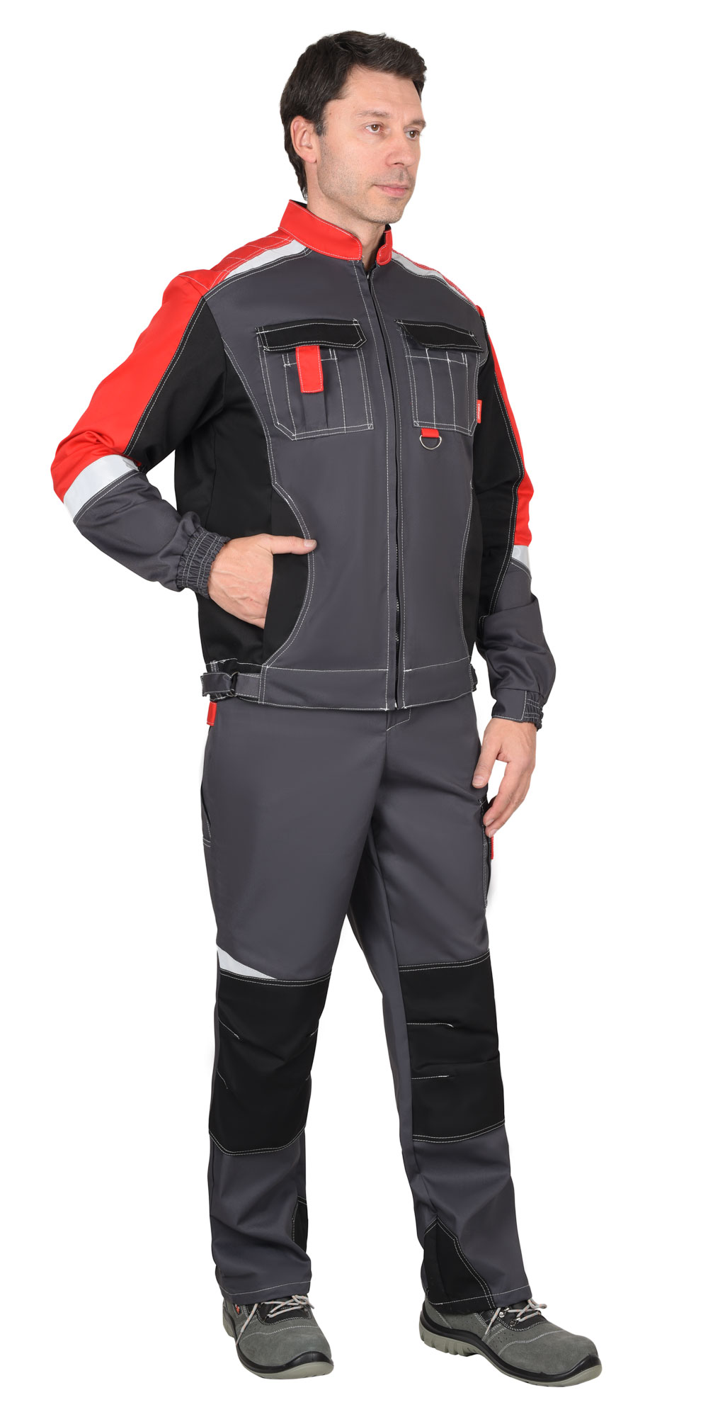Костюм мужской летний СИРИУС-ФАВОРИТ-МЕГА куртка и полукомбинезон, серый с черным и красным, СОП 