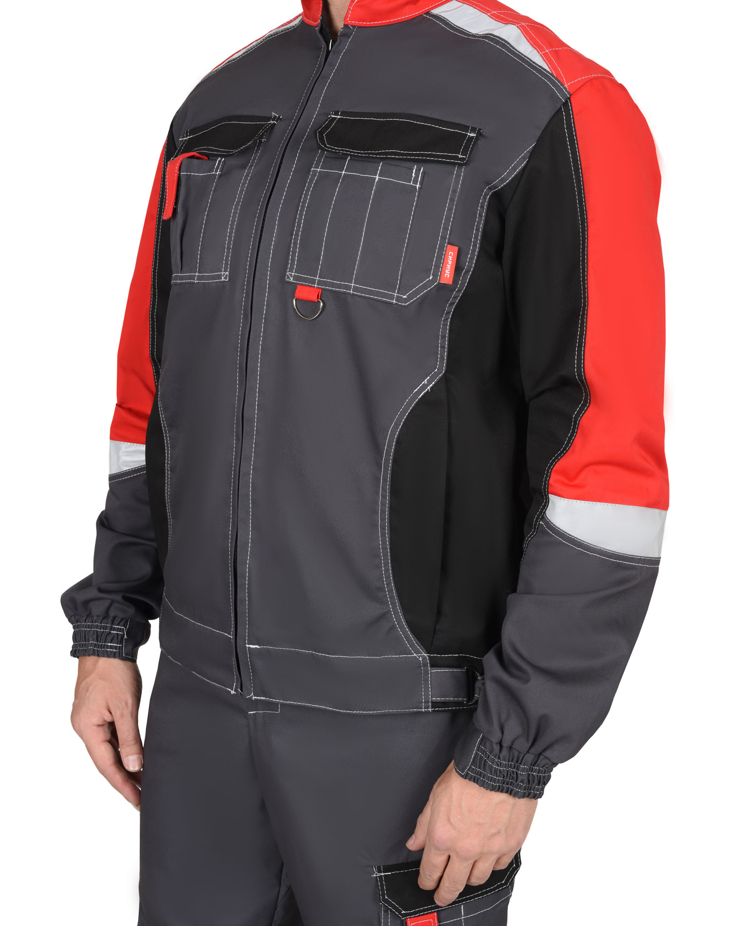 Костюм мужской летний СИРИУС-ФАВОРИТ-МЕГА куртка и полукомбинезон, серый с черным и красным, СОП 