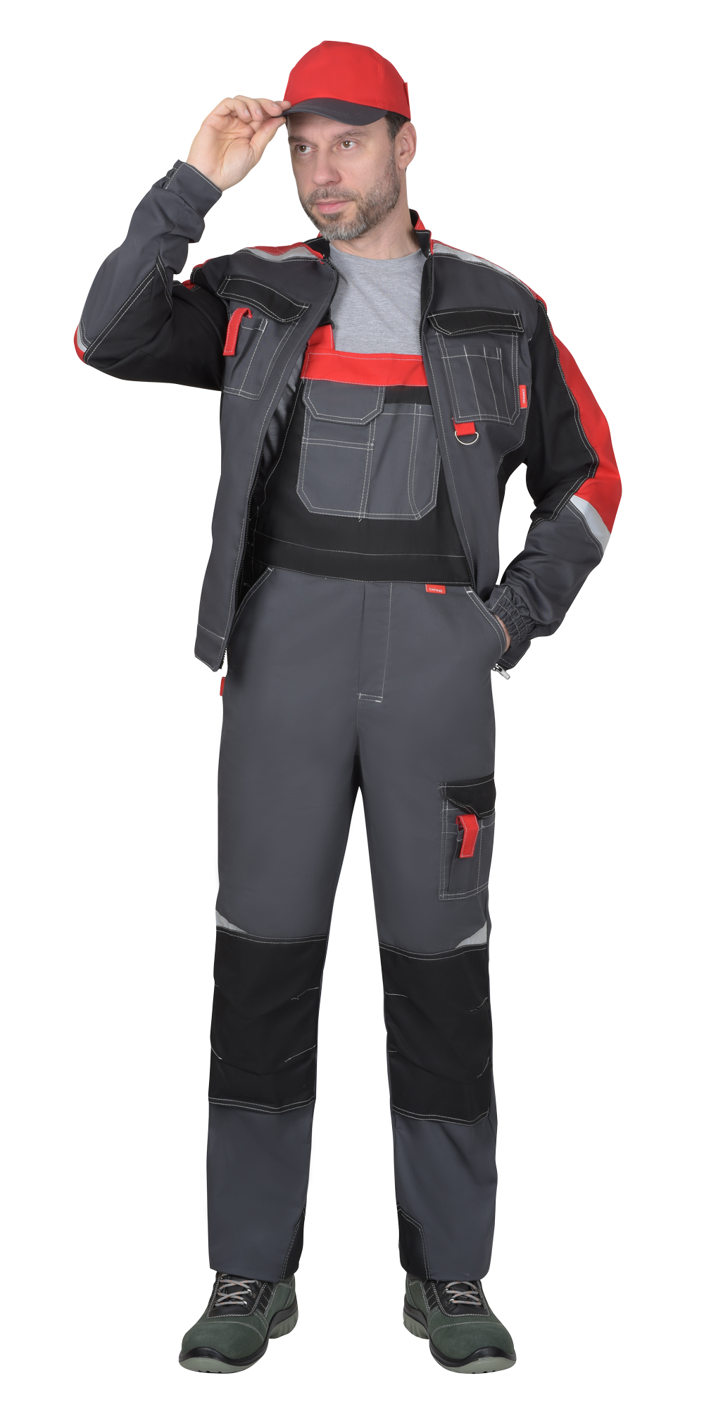 Костюм мужской летний СИРИУС-ФАВОРИТ-МЕГА куртка и полукомбинезон, серый с черным и красным, СОП 