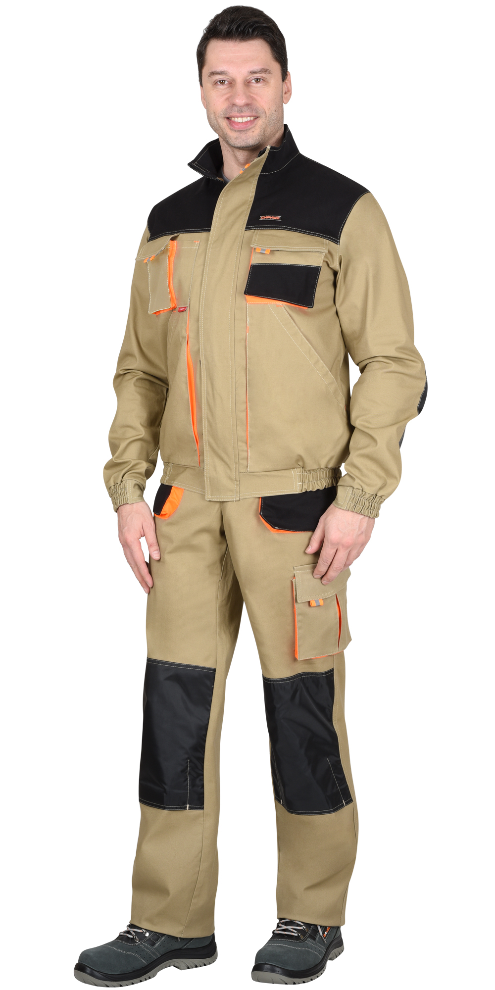 Костюм СИРИУС-МАНХЕТТЕН куртка, п/к песочный с оранж. и черным тк. мех. стрейч пл. 250г/кв.м 