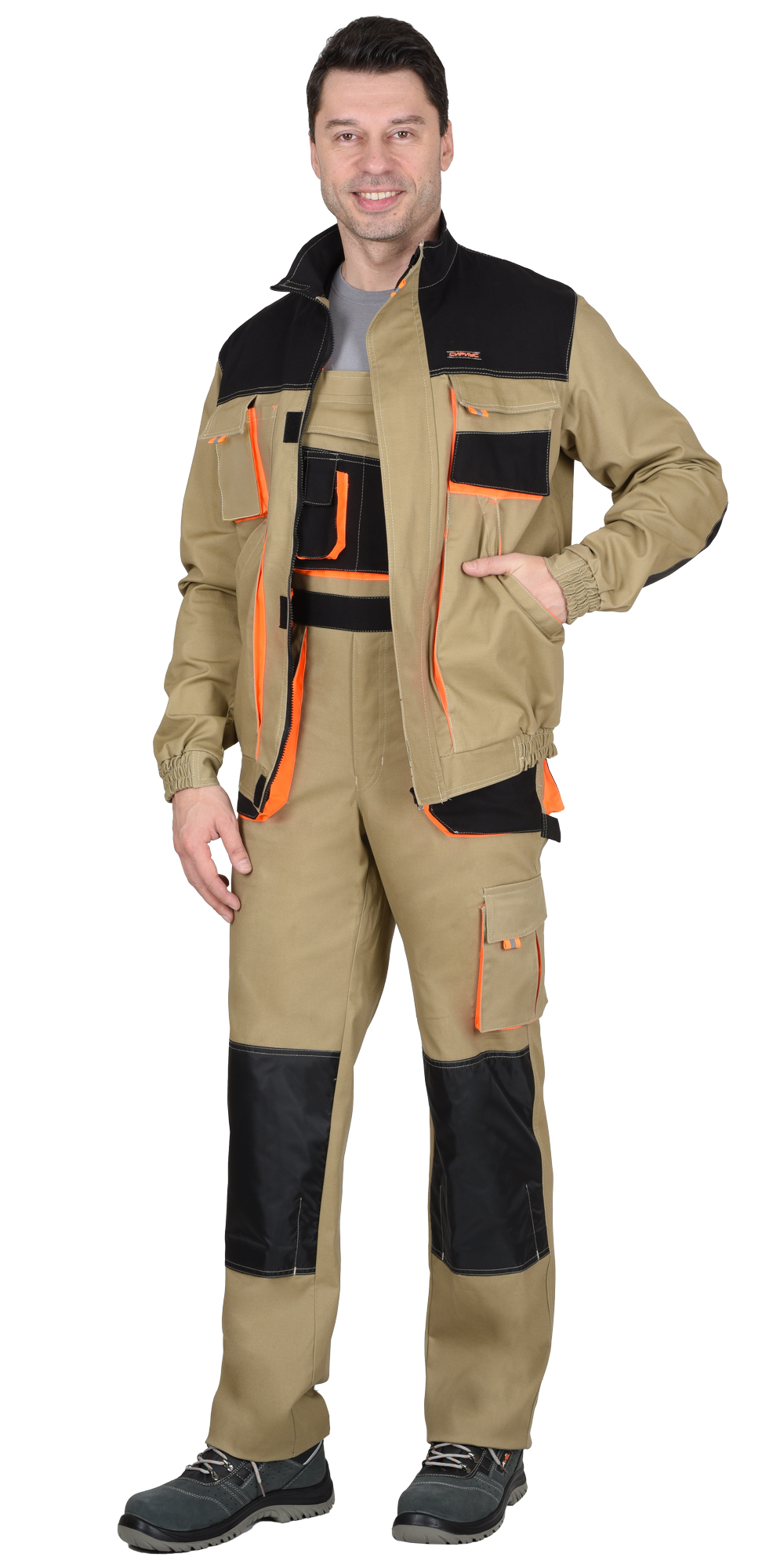 Костюм СИРИУС-МАНХЕТТЕН куртка, п/к песочный с оранж. и черным тк. мех. стрейч пл. 250г/кв.м 