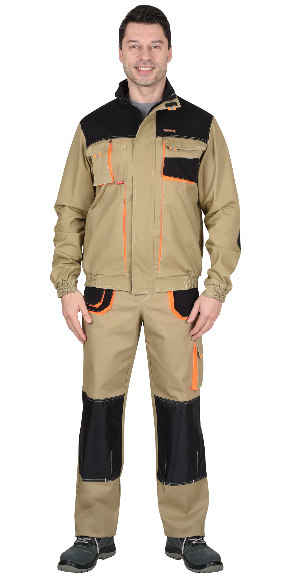 Костюм СИРИУС-МАНХЕТТЕН куртка, брюки песочный с оранж. и черным тк. мех. стрейч пл. 250г/кв.м 