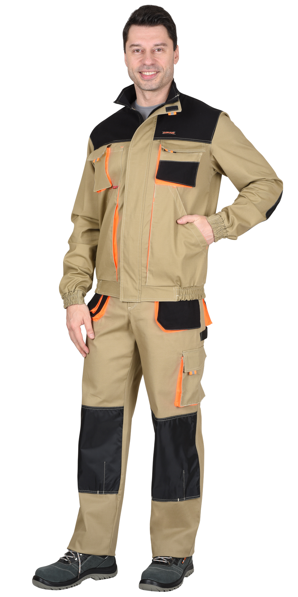 Костюм СИРИУС-МАНХЕТТЕН куртка, брюки песочный с оранж. и черным тк. мех. стрейч пл. 250г/кв.м 