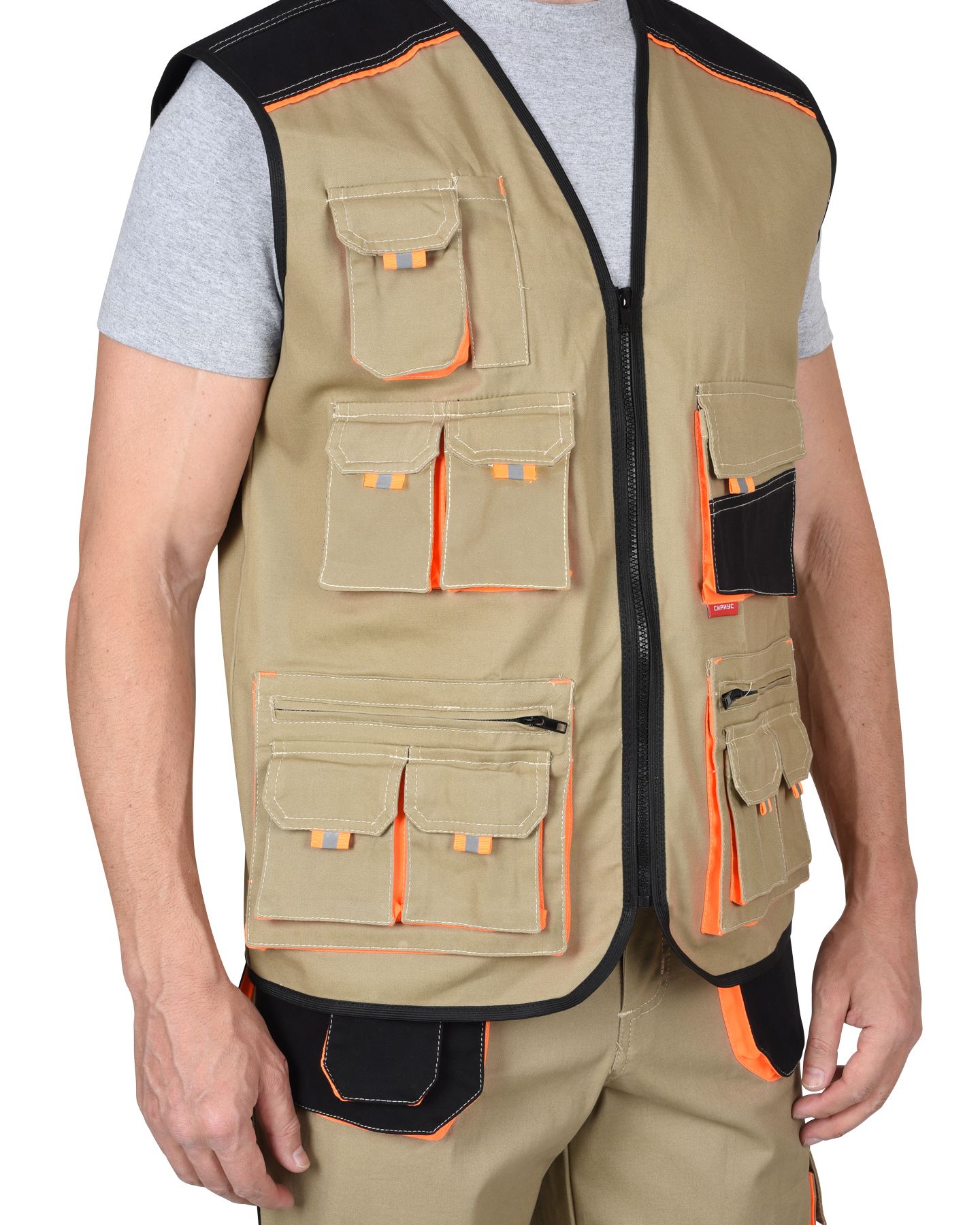 Костюм СИРИУС-МАНХЕТТЕН брюки, жилет песочный с оранж. и черным тк. мех. стрейч пл. 250г/кв.м 