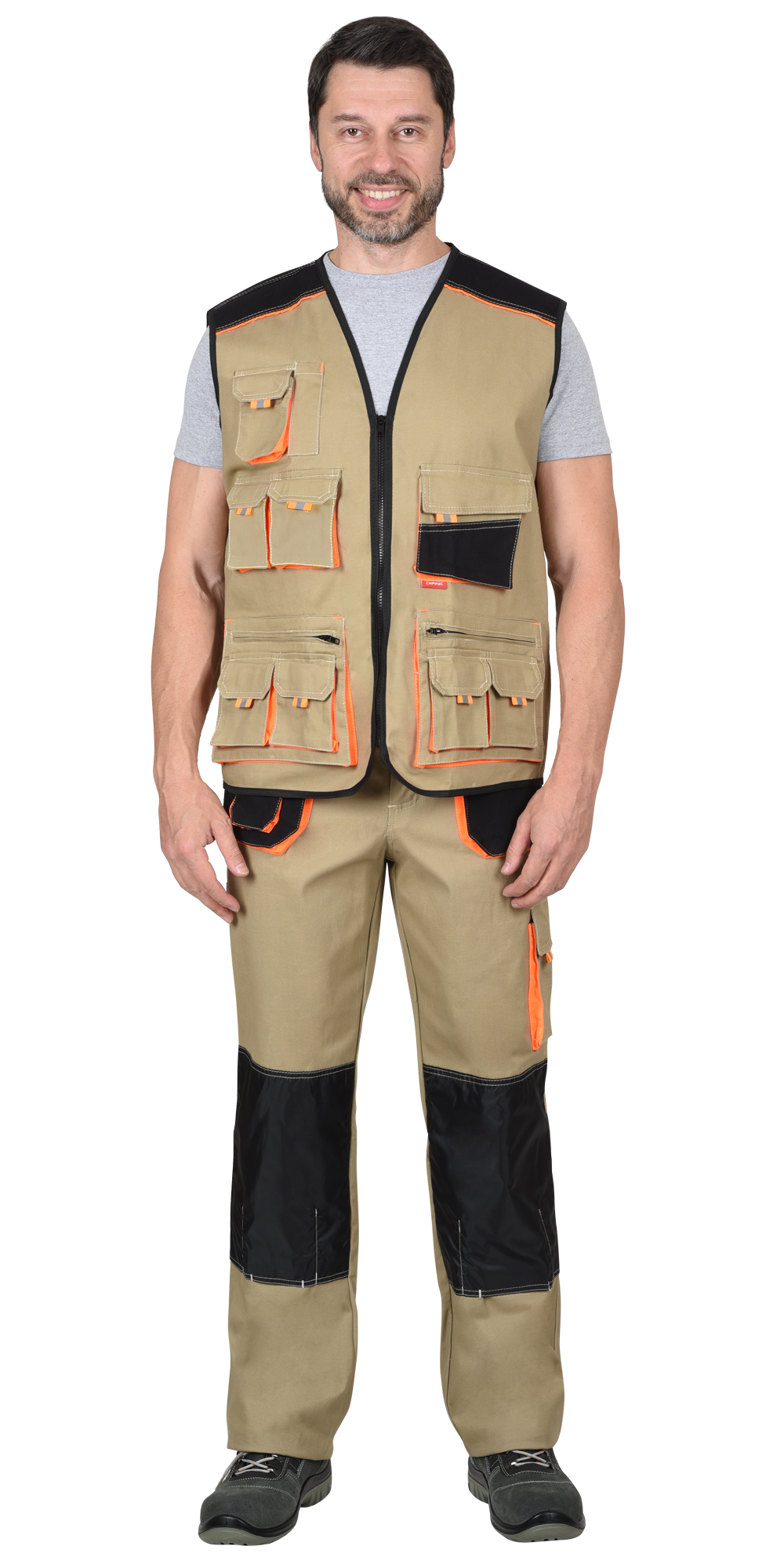 Костюм СИРИУС-МАНХЕТТЕН брюки, жилет песочный с оранж. и черным тк. мех. стрейч пл. 250г/кв.м 
