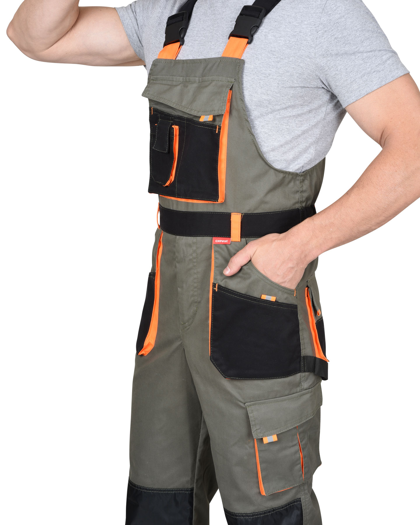 Полукомбинезон СИРИУС-МАНХЕТТЕН оливковый с оранжевым и чер. тк. мех. стрейч пл 260 г/кв.м 