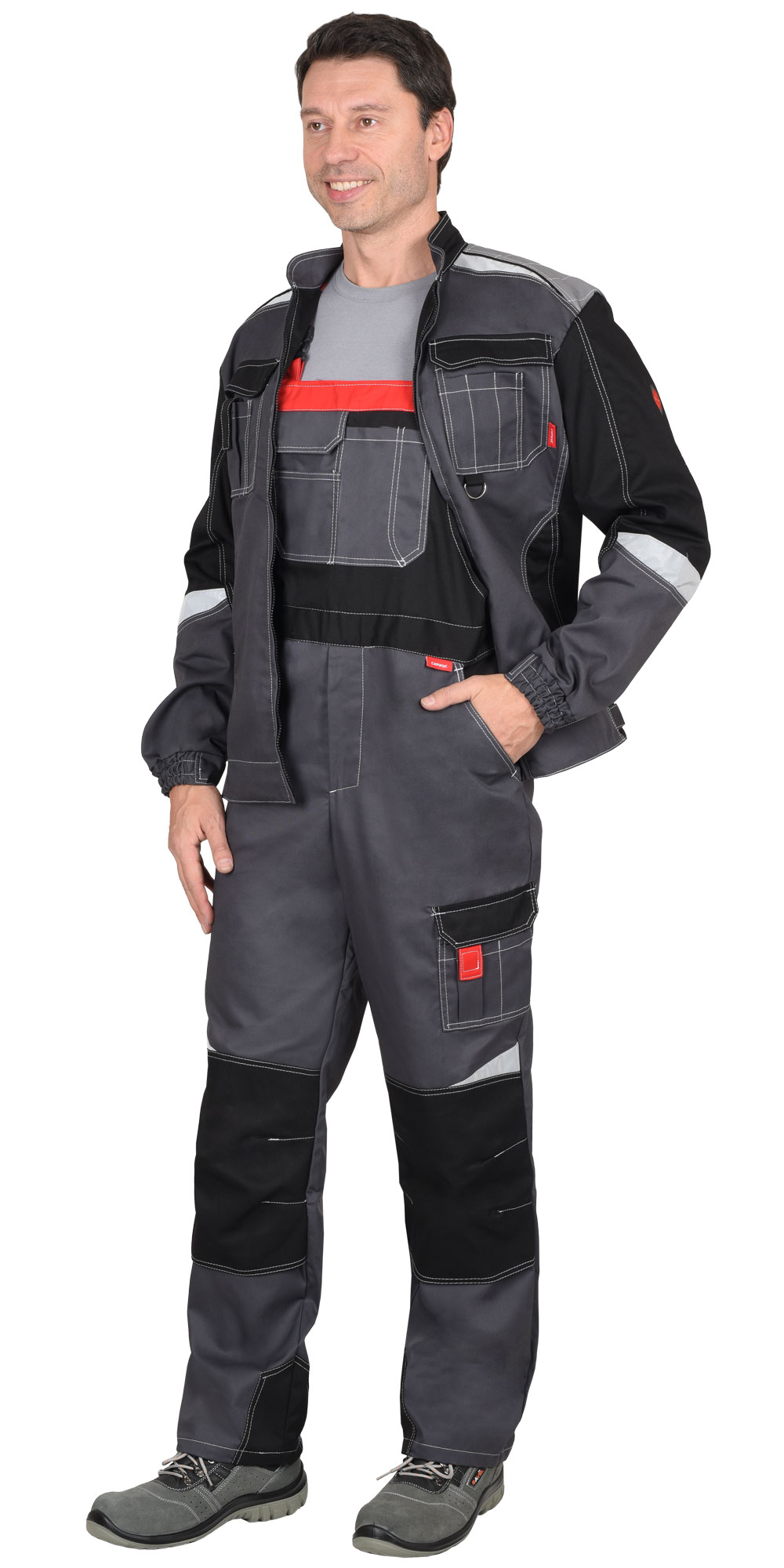 Костюм СИРИУС-ФАВОРИТ-МЕГА мужской летний, куртка и полукомбинезон, серый с черным, СОП 