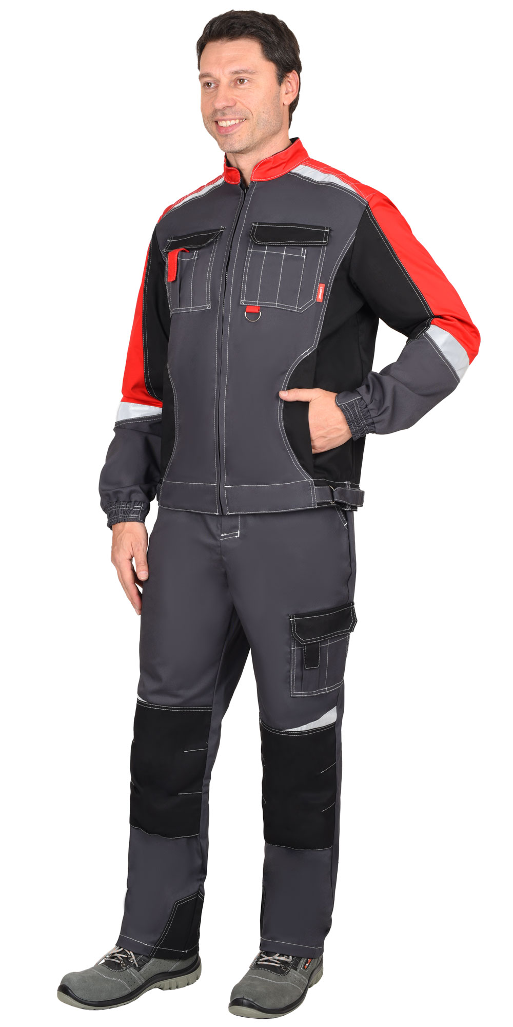 Костюм СИРИУС-ФАВОРИТ-МЕГА мужской летний, куртка и брюки, серый с красным и черным, СОП 