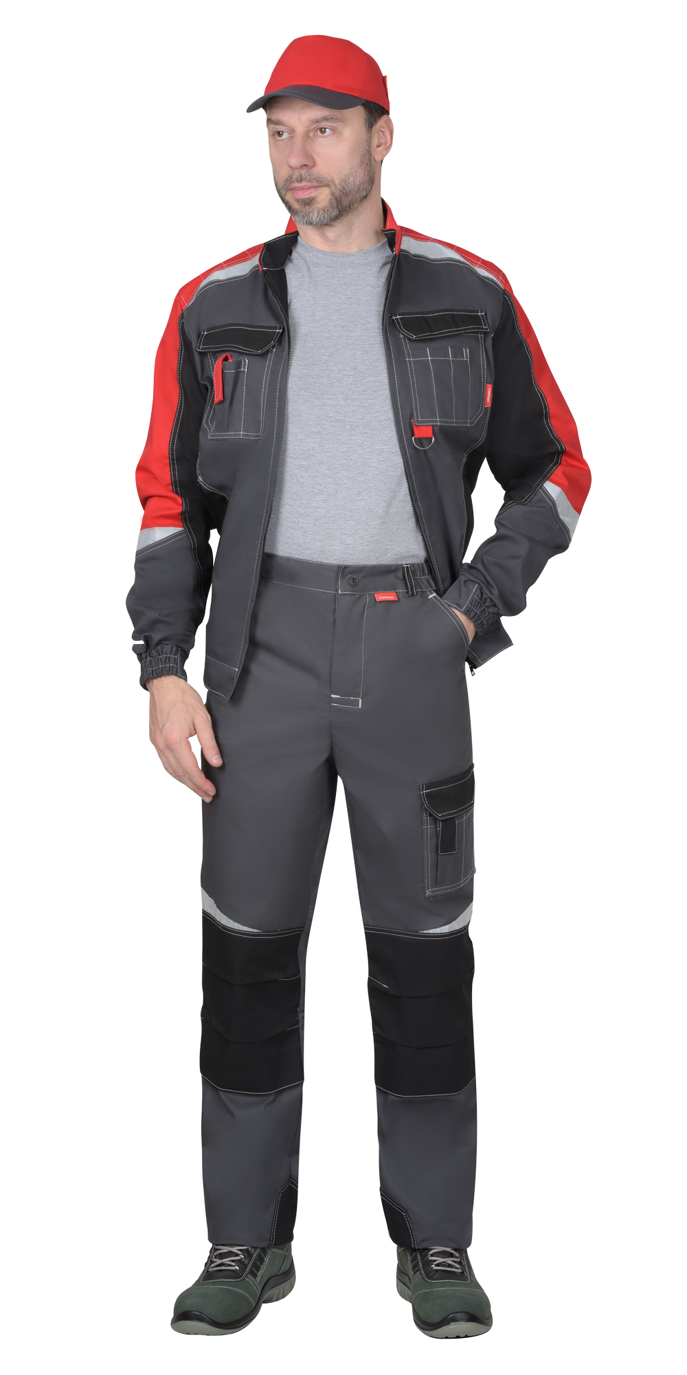 Костюм СИРИУС-ФАВОРИТ-МЕГА мужской летний, куртка и брюки, серый с красным и черным, СОП 