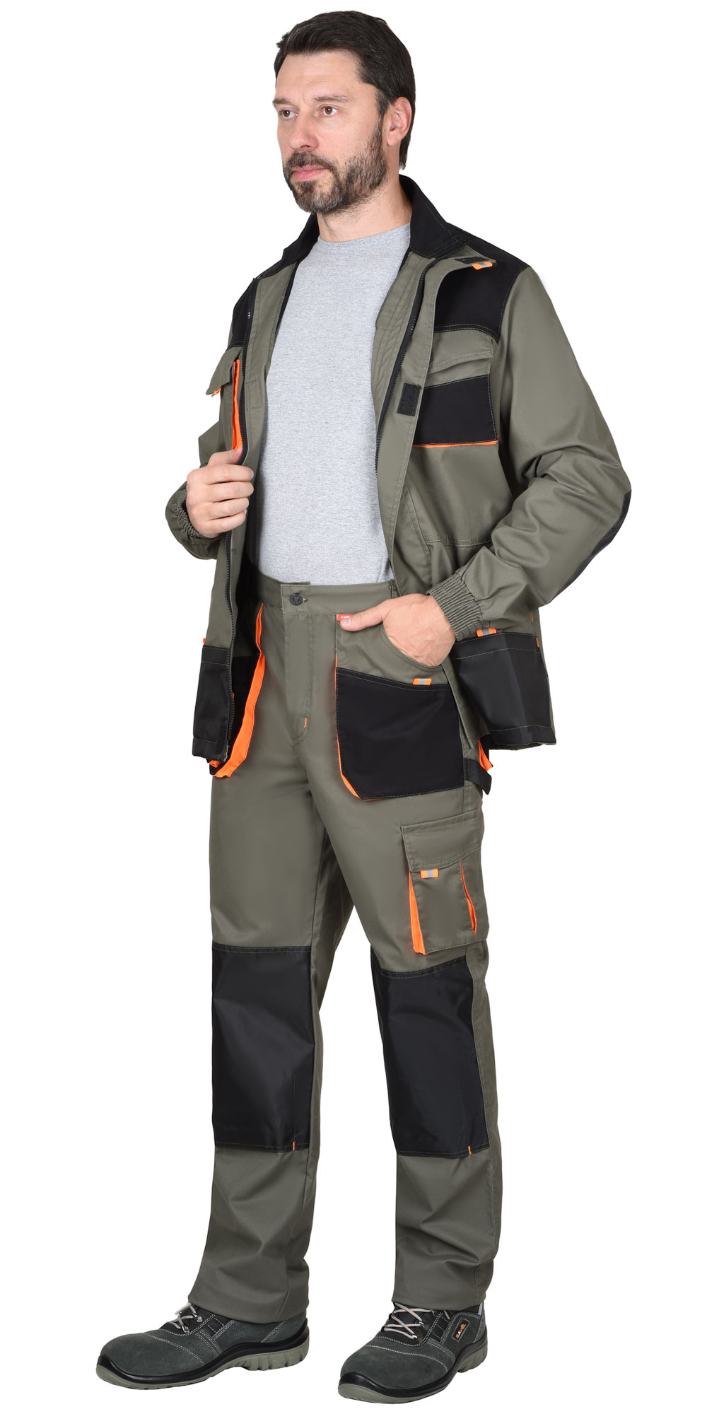 Костюм СИРИУС-МАНХЕТТЕН куртка, брюки оливковый с оранжевым и чер. тк. мех. стрейч пл 260 г/кв.м 