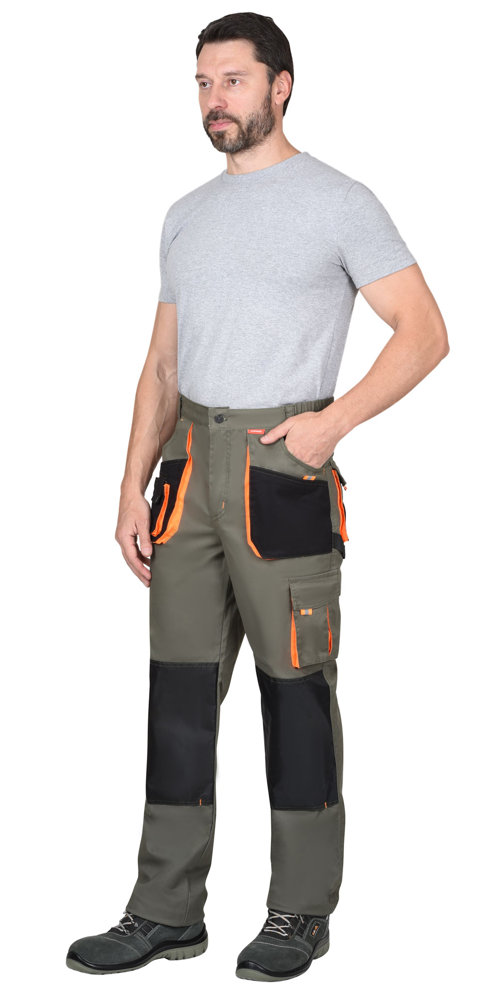 Костюм СИРИУС-МАНХЕТТЕН куртка, брюки оливковый с оранжевым и чер. тк. мех. стрейч пл 260 г/кв.м 