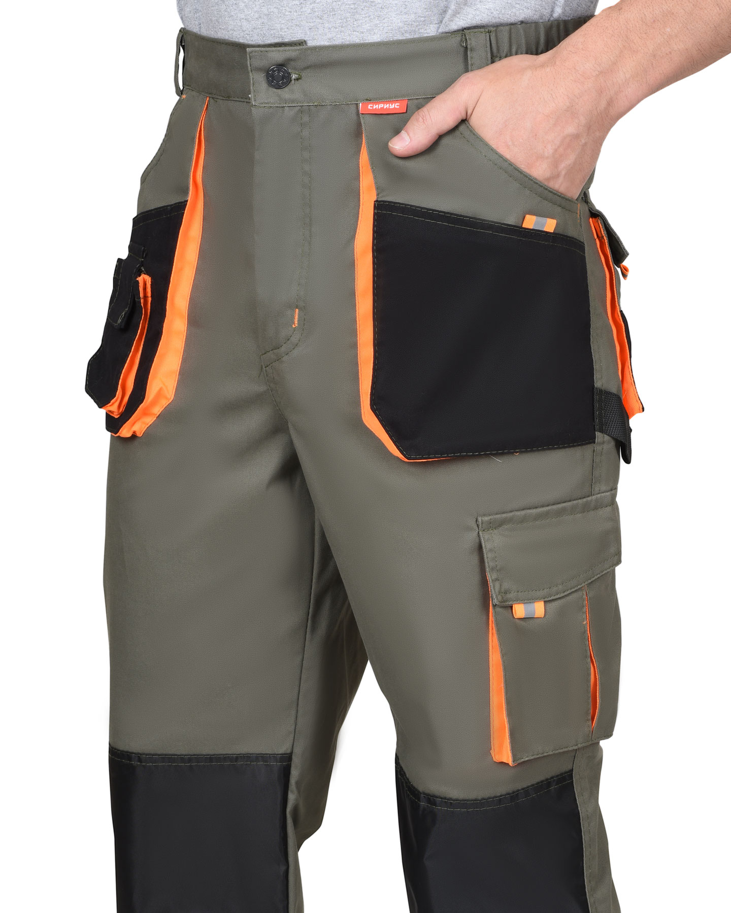 Костюм СИРИУС-МАНХЕТТЕН куртка, брюки оливковый с оранжевым и чер. тк. мех. стрейч пл 260 г/кв.м 