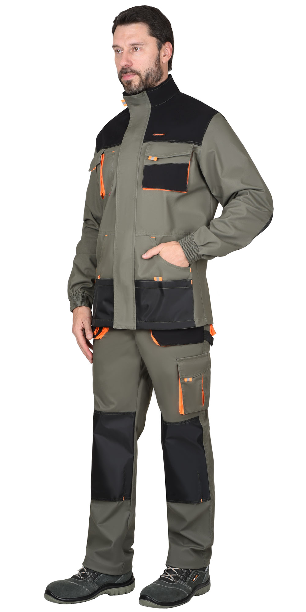 Костюм СИРИУС-МАНХЕТТЕН куртка, брюки оливковый с оранжевым и чер. тк. мех. стрейч пл 260 г/кв.м 