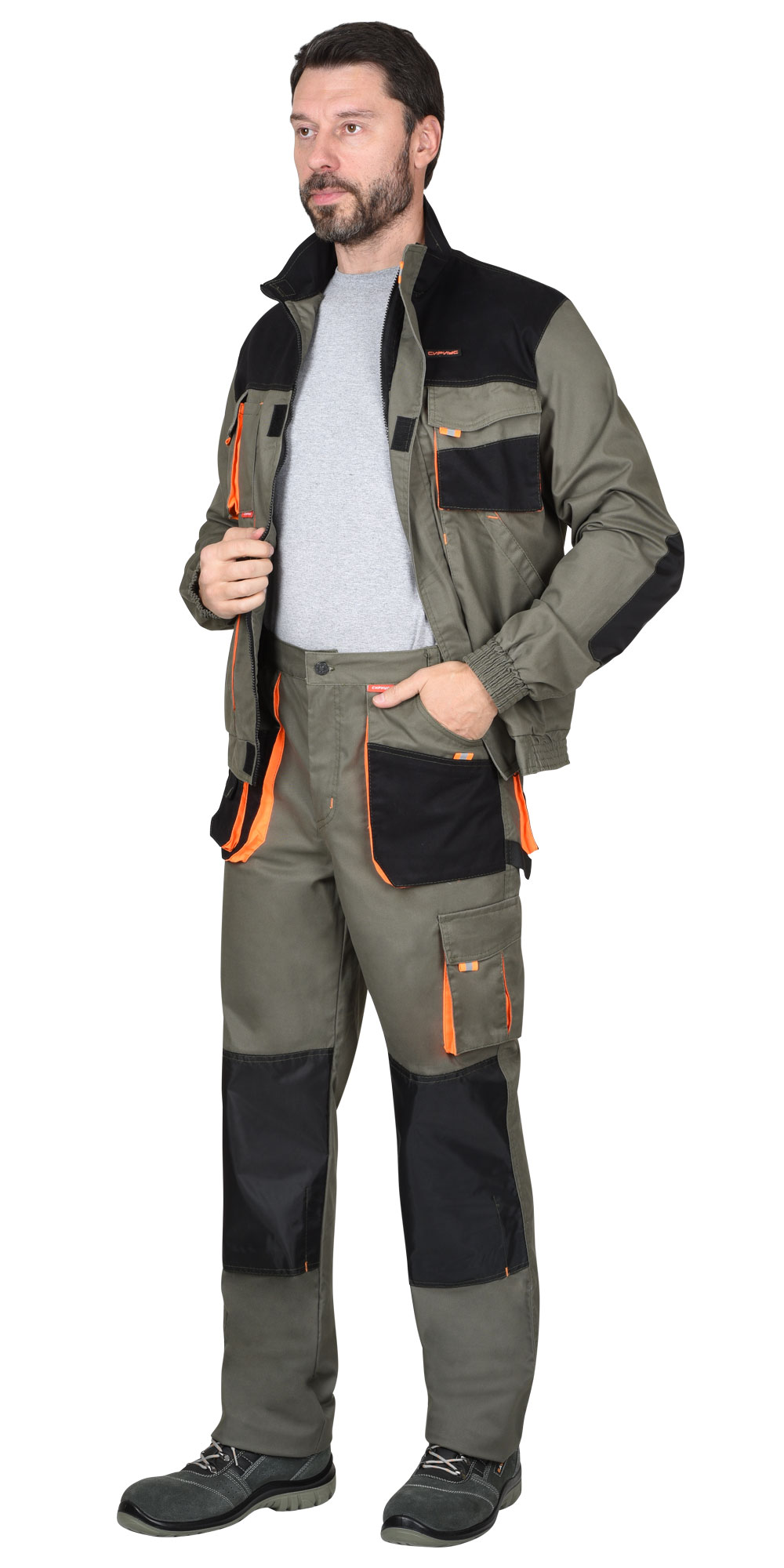 Костюм СИРИУС-МАНХЕТТЕН куртка. брюки оливковый с оранжевым и чер. тк. мех. стрейч пл 260 г/кв.м 