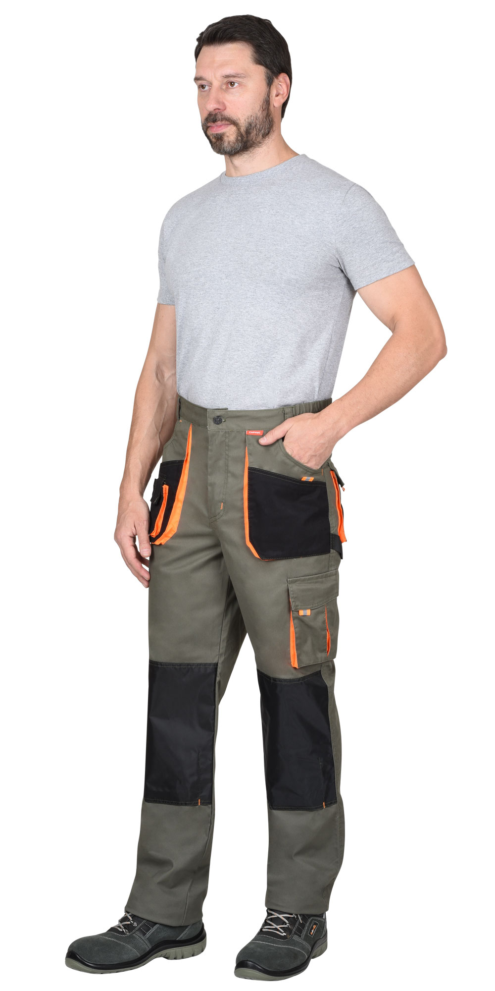 Костюм СИРИУС-МАНХЕТТЕН куртка. брюки оливковый с оранжевым и чер. тк. мех. стрейч пл 260 г/кв.м 