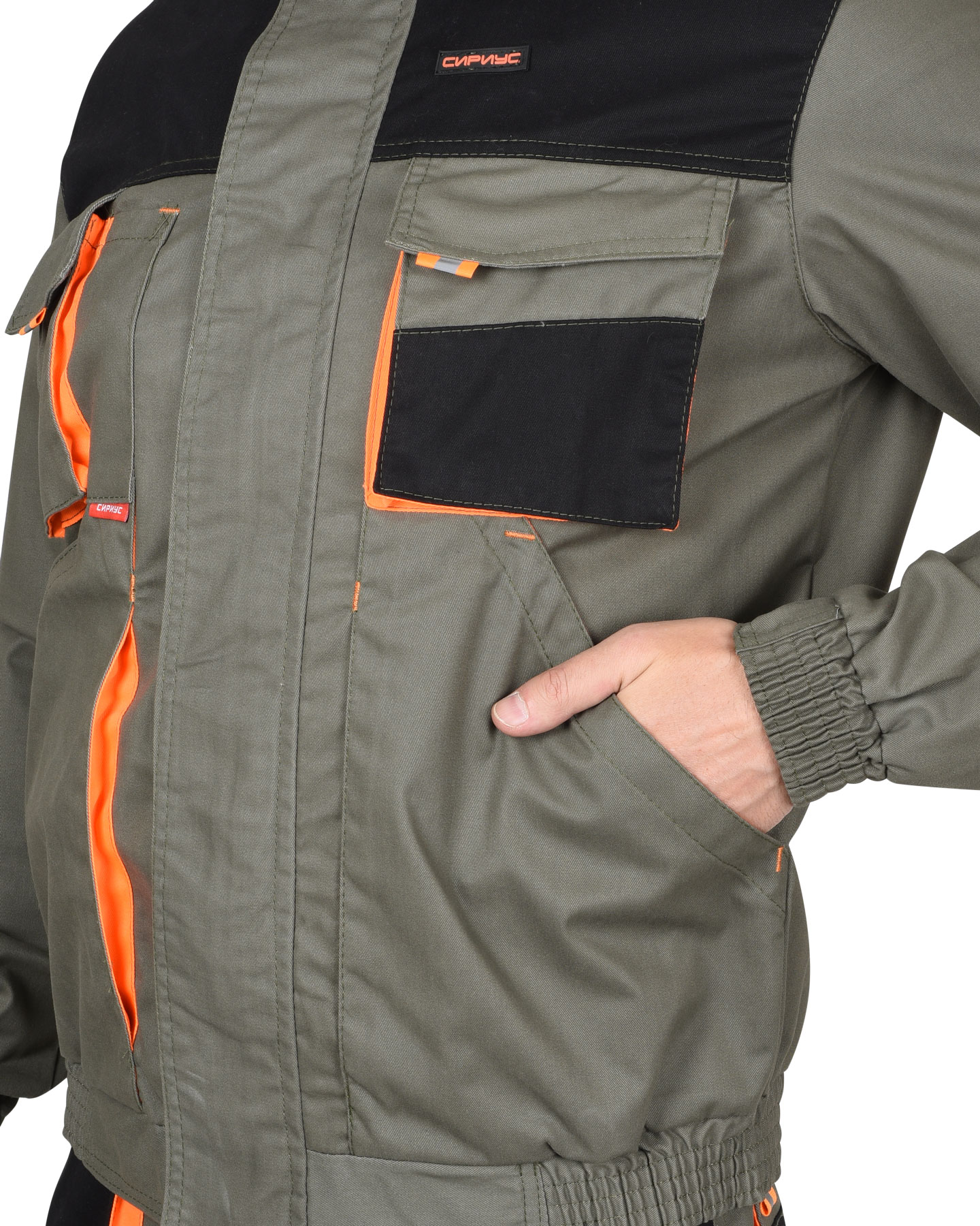 Костюм СИРИУС-МАНХЕТТЕН куртка. брюки оливковый с оранжевым и чер. тк. мех. стрейч пл 260 г/кв.м 