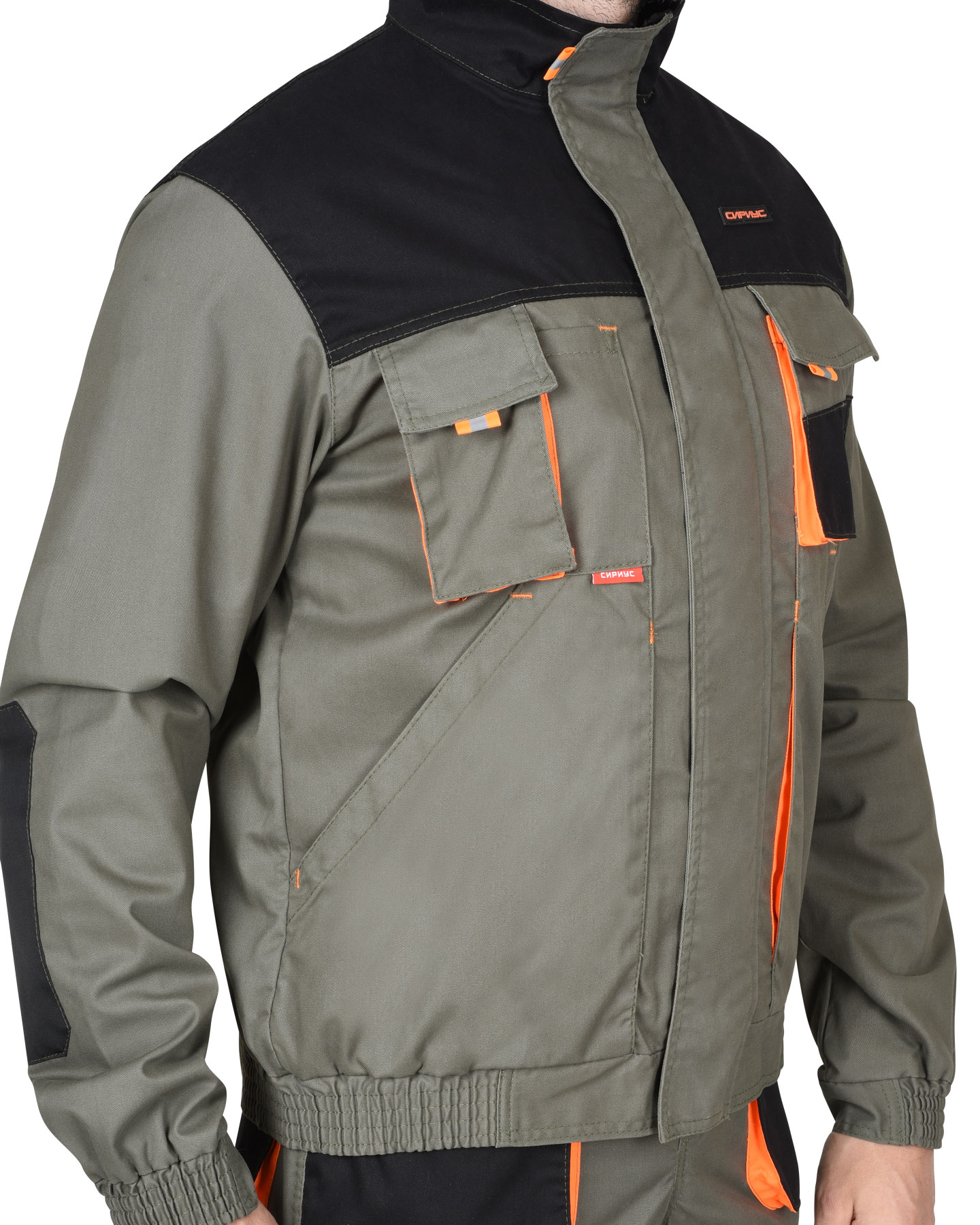 Костюм СИРИУС-МАНХЕТТЕН куртка. брюки оливковый с оранжевым и чер. тк. мех. стрейч пл 260 г/кв.м 