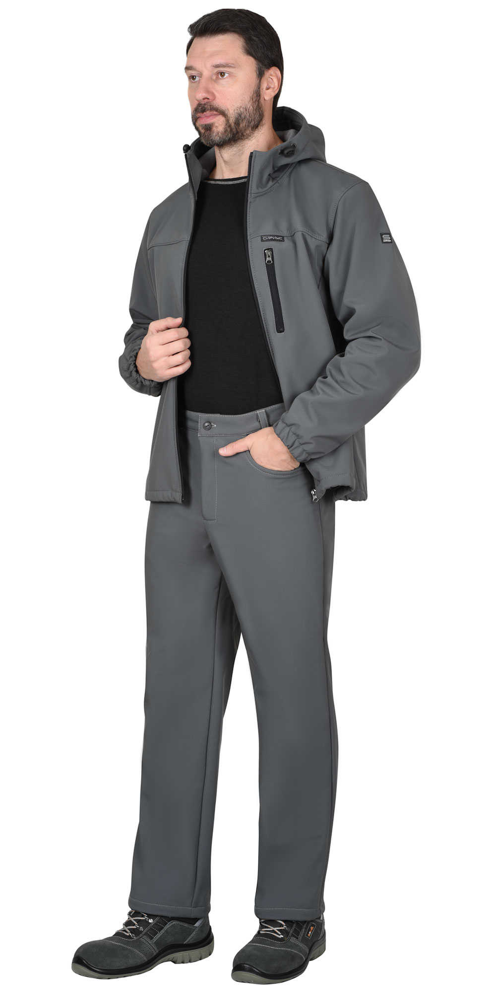 Костюм СИРИУС-АЗОВ с капюшоном серый софтшелл пл 350 г/кв.м 