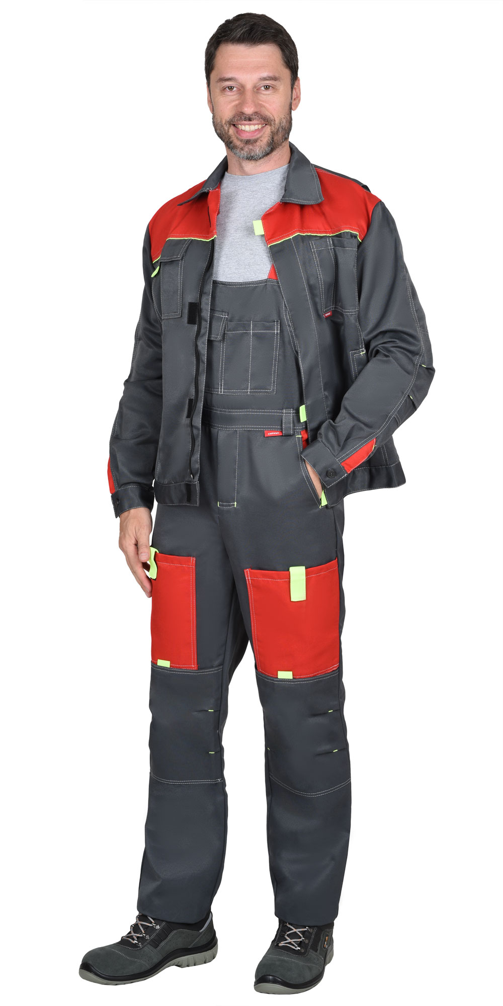 Костюм СИРИУС-ФАВОРИТ летний куртка, п/к т.серый с красным и лимонным кантом 