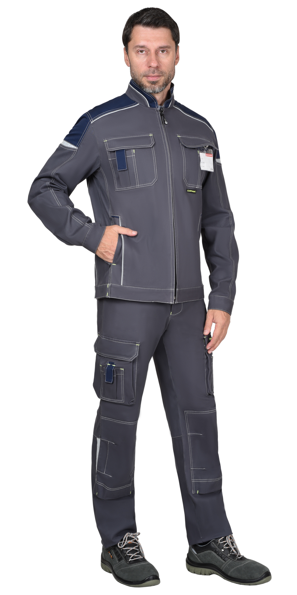 Костюм СИРИУС-ДЖЕТ куртка, брюки т-серый с синим тк. мех. стрейч с ВО