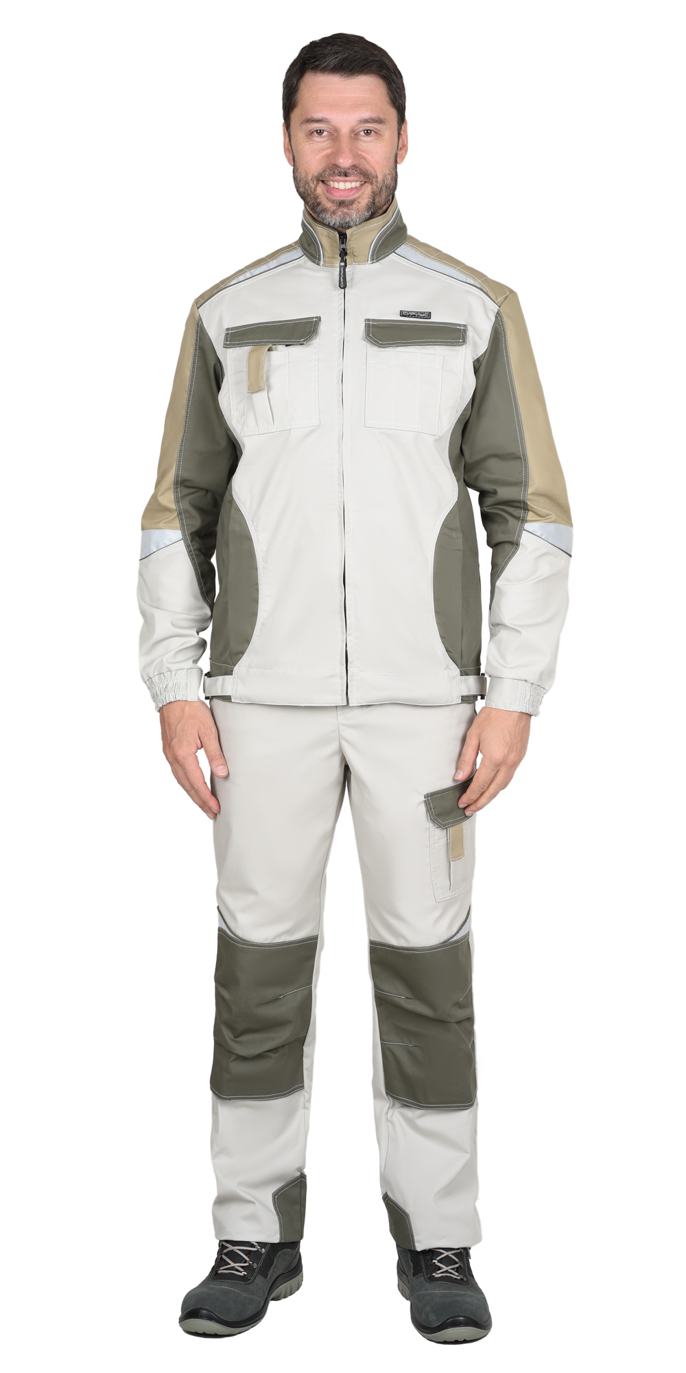 Костюм СИРИУС-КАСПИЙ куртка, брюки, молочный с оливой, песочным и СОП