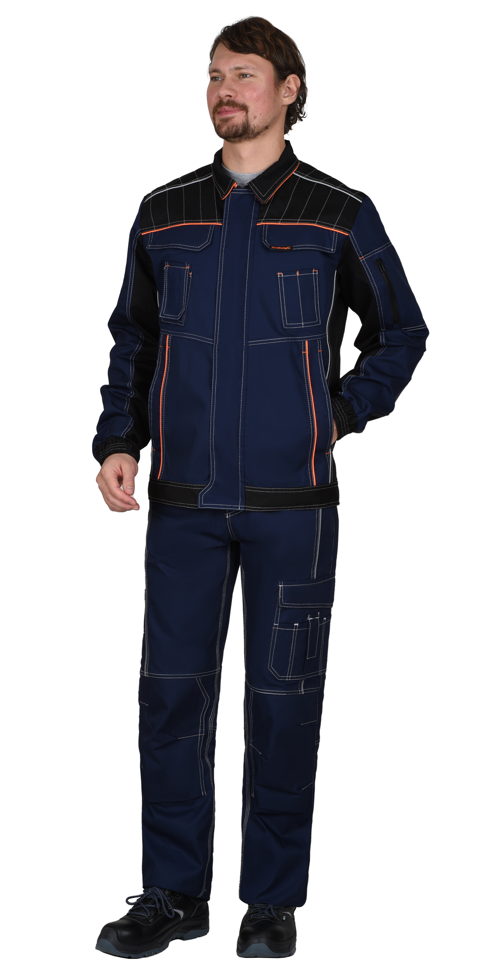 Костюм СИРИУС-ПРЕСТИЖ куртка, брюки, синий с черным и оранжевой отделкой