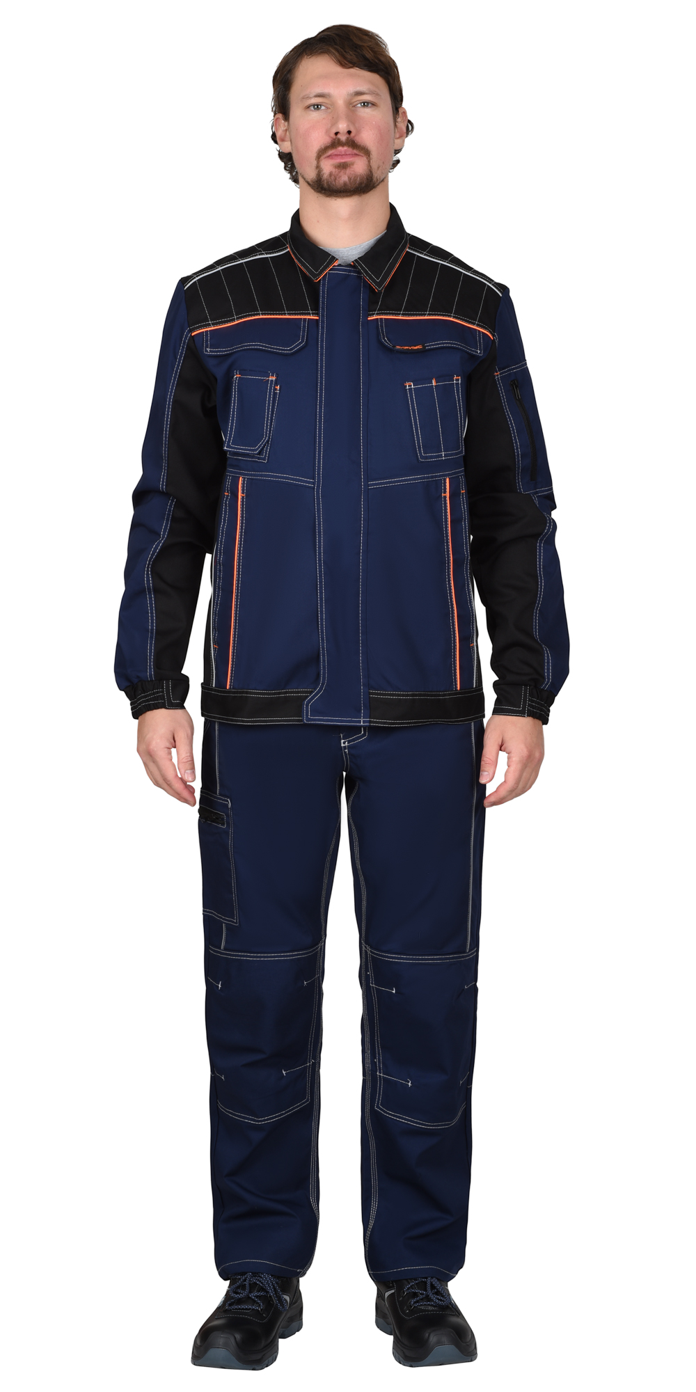 Костюм СИРИУС-ПРЕСТИЖ куртка, п/к, синий с черным и оранжевой отделкой