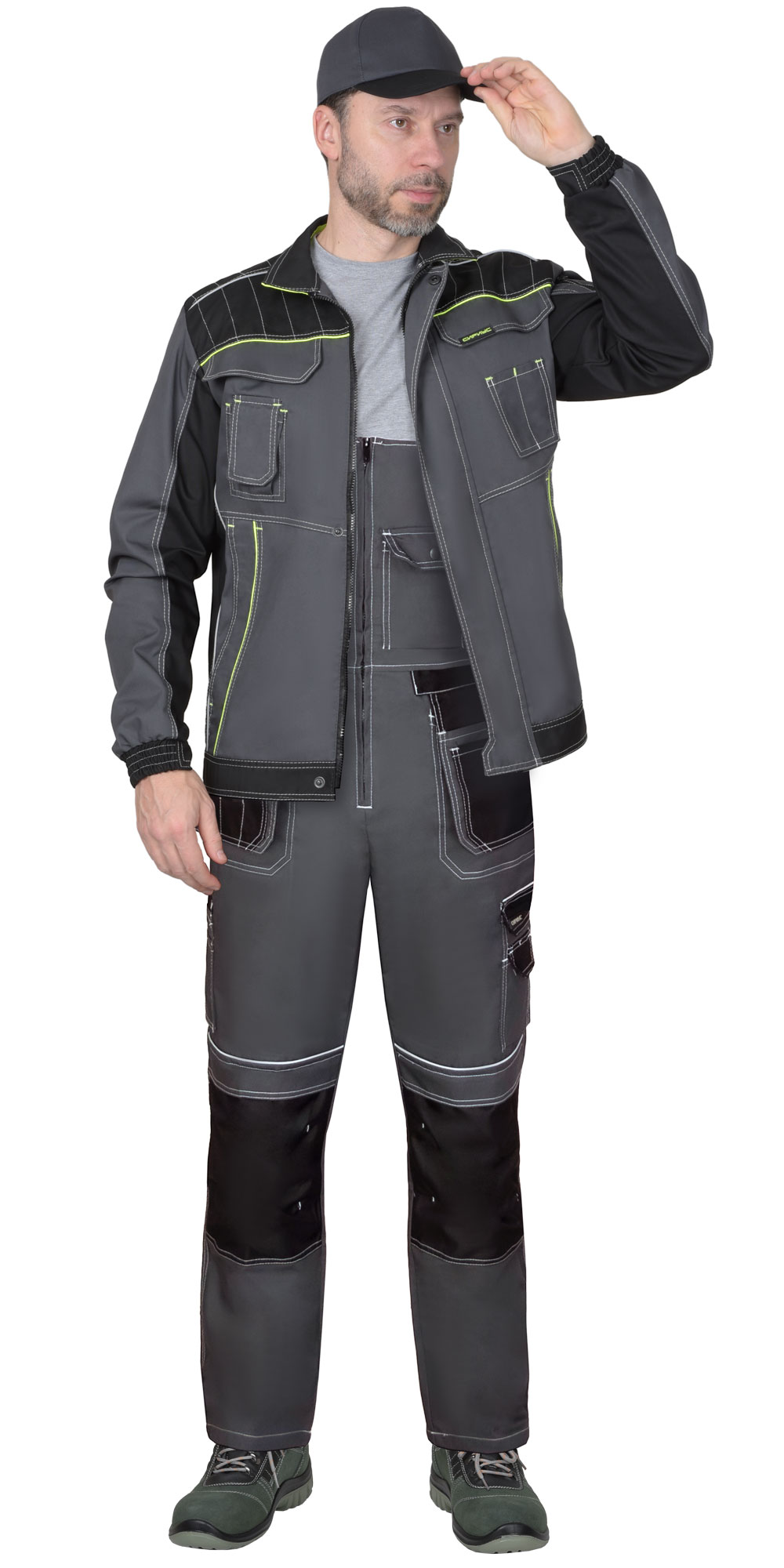 Костюм СИРИУС-ПРЕСТИЖ-Л куртка, п/к, темно-серый с черным и лимонным кантом