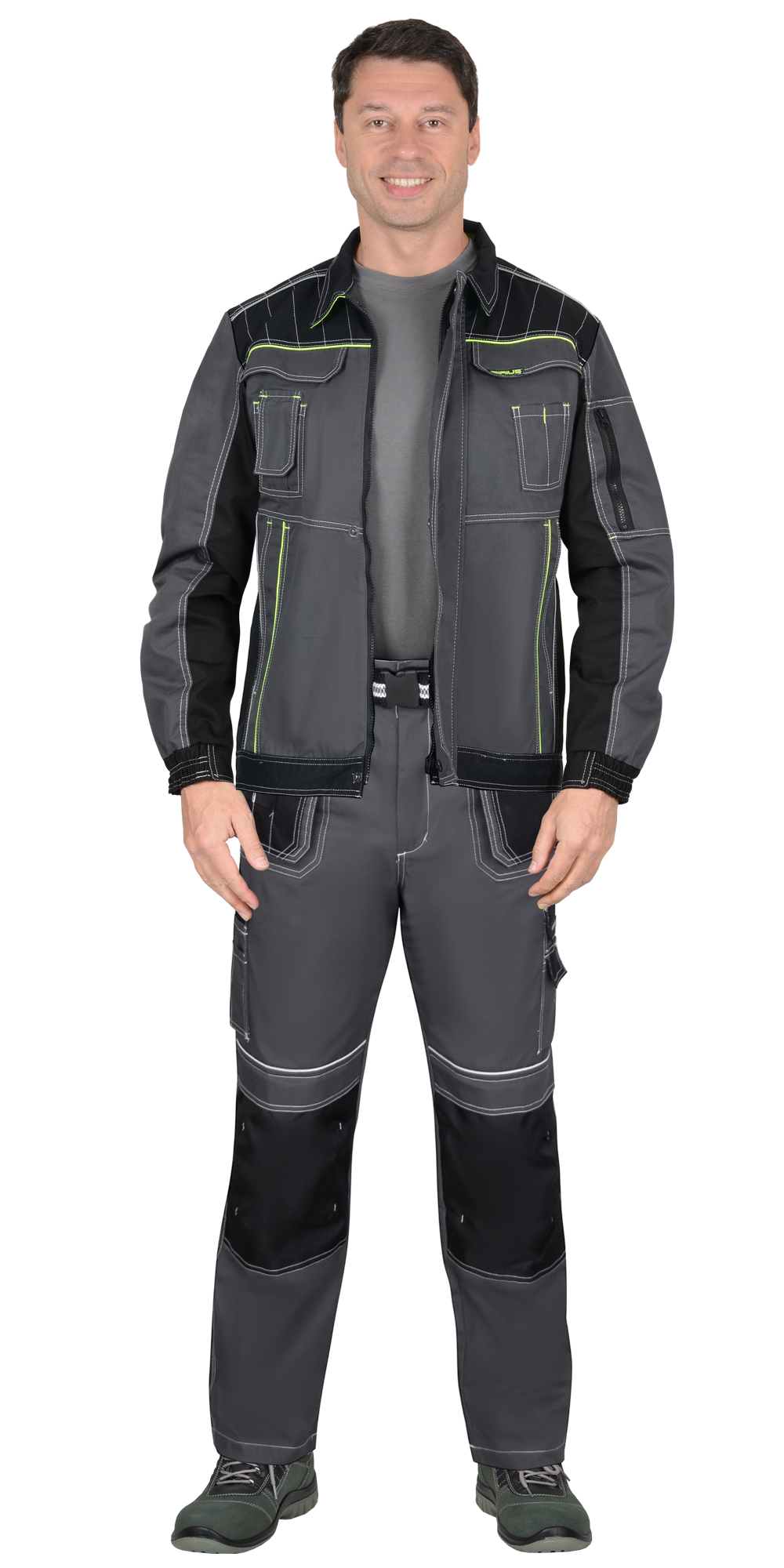 Костюм СИРИУС-ПРЕСТИЖ-Л куртка, брюки, темно-серый с черным и лимонным кантом
