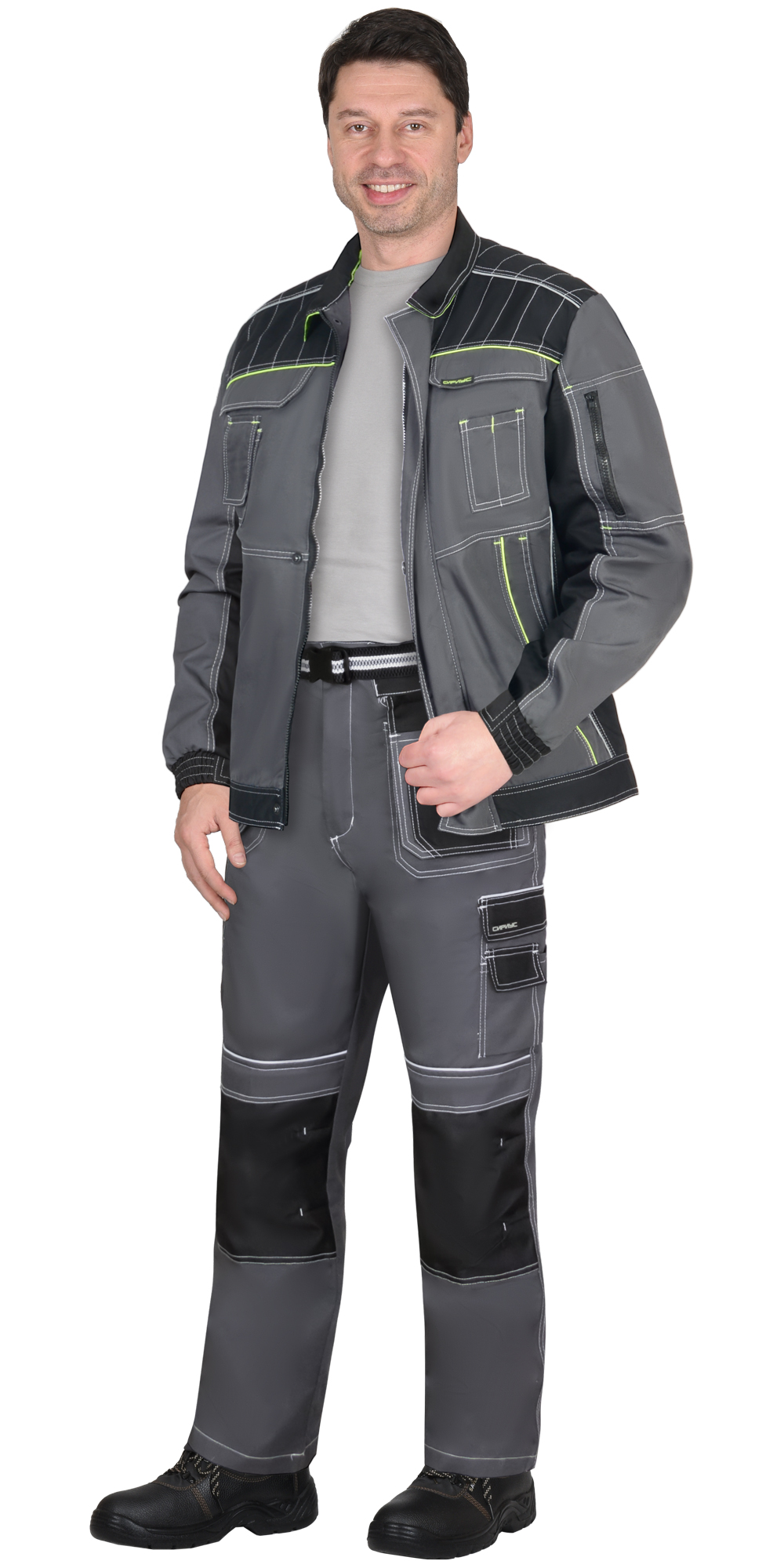 Костюм СИРИУС-ПРЕСТИЖ-Л куртка, брюки, темно-серый с черным и лимонным кантом