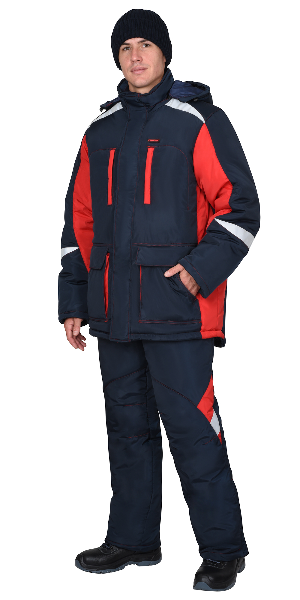 Костюм СИРИУС-САТУРН куртка длинная, брюки, тёмно-синий с красным и СОП