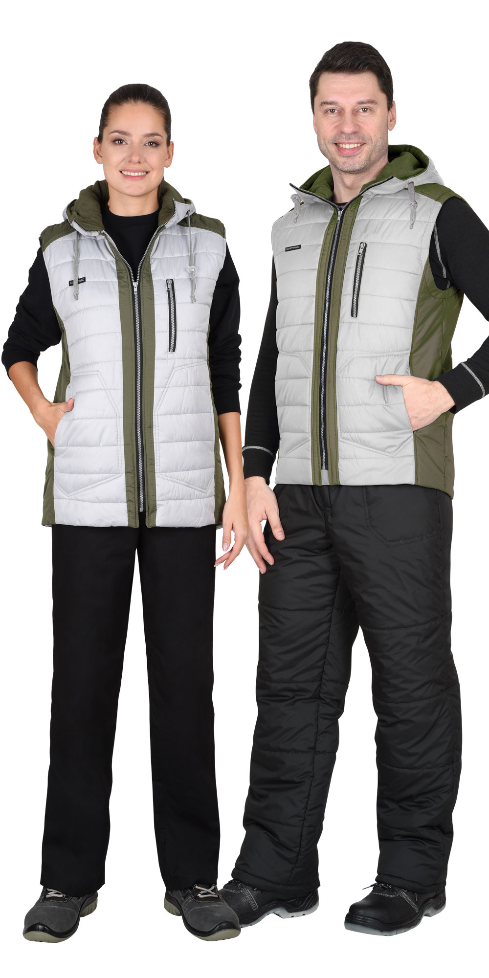 Жилет СИРИУС-УРБАН утепленный с капюшоном жемчужный с оливковым 