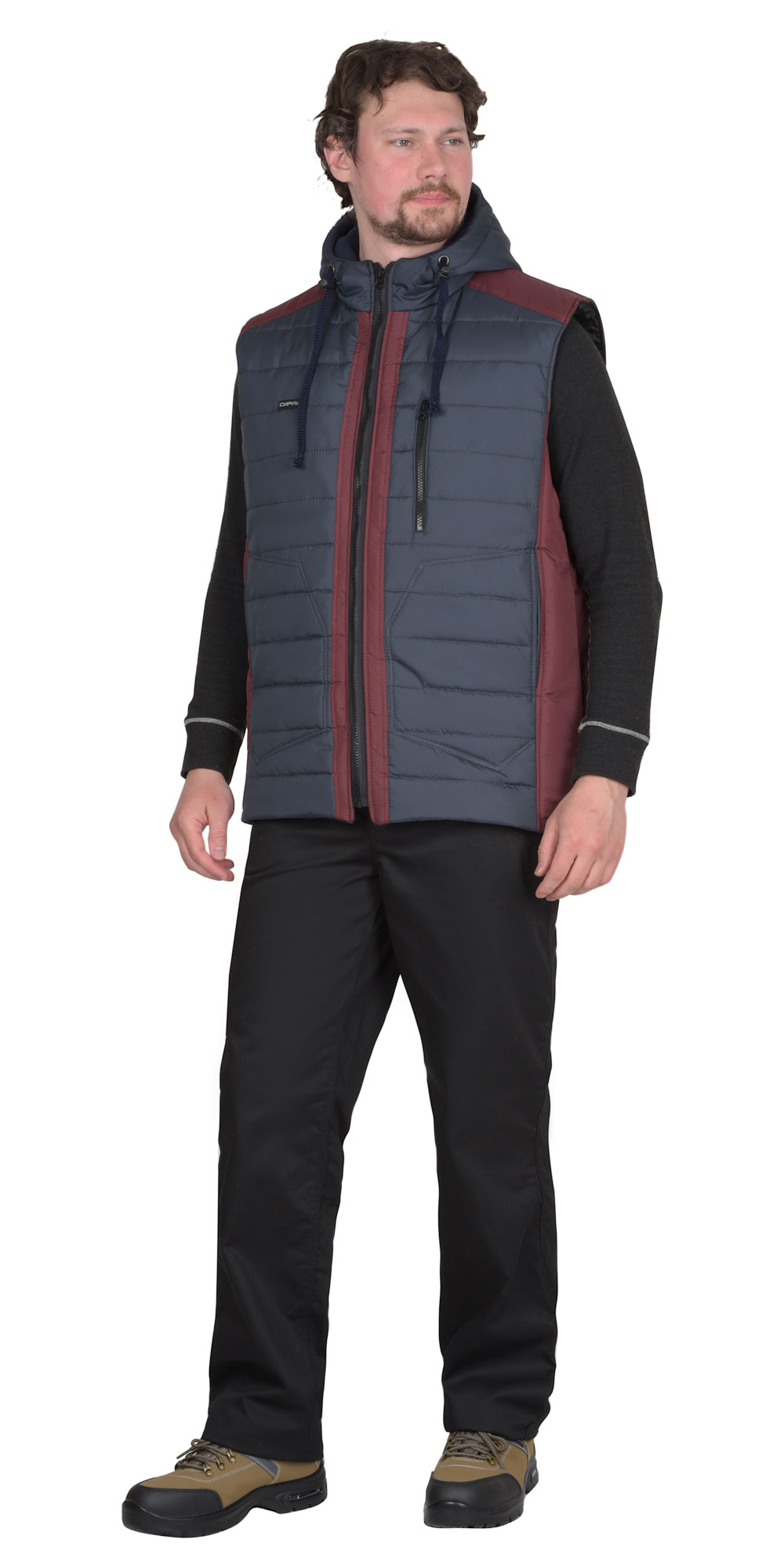 Жилет СИРИУС-УРБАН утепленный с капюшоном сине-серый с бордовым 