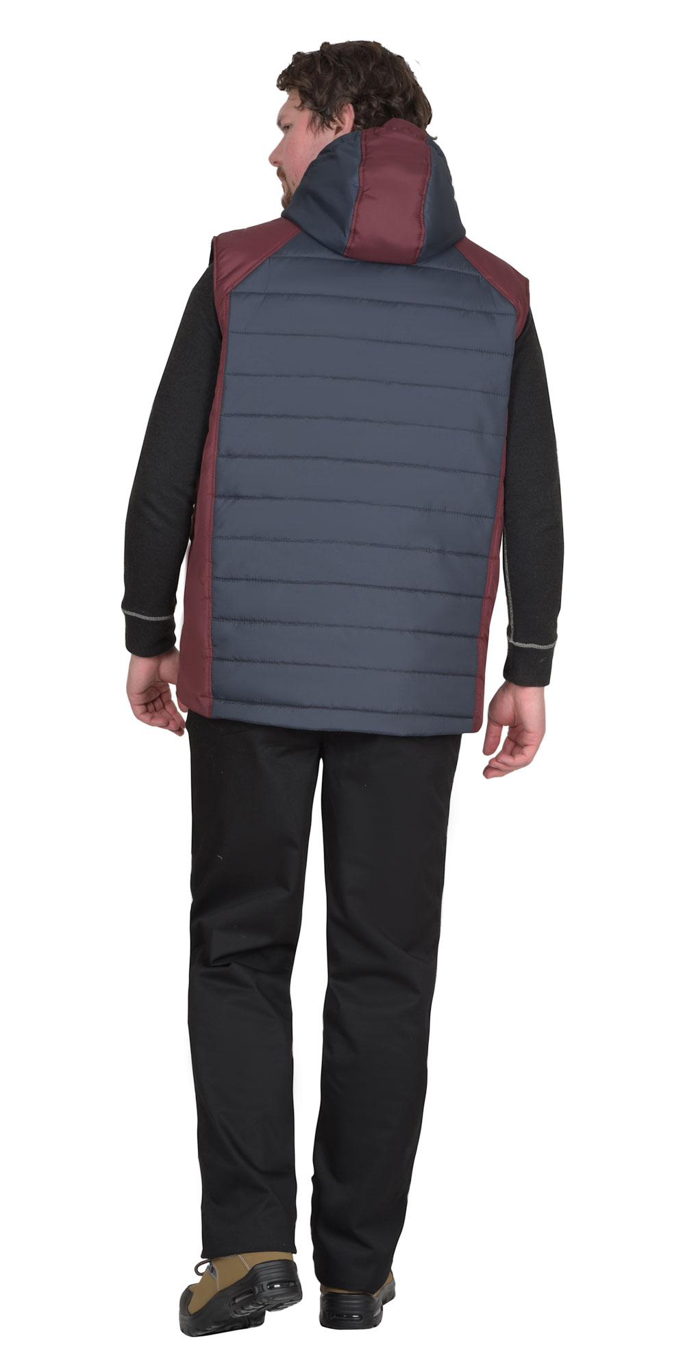 Жилет СИРИУС-УРБАН утепленный с капюшоном сине-серый с бордовым 