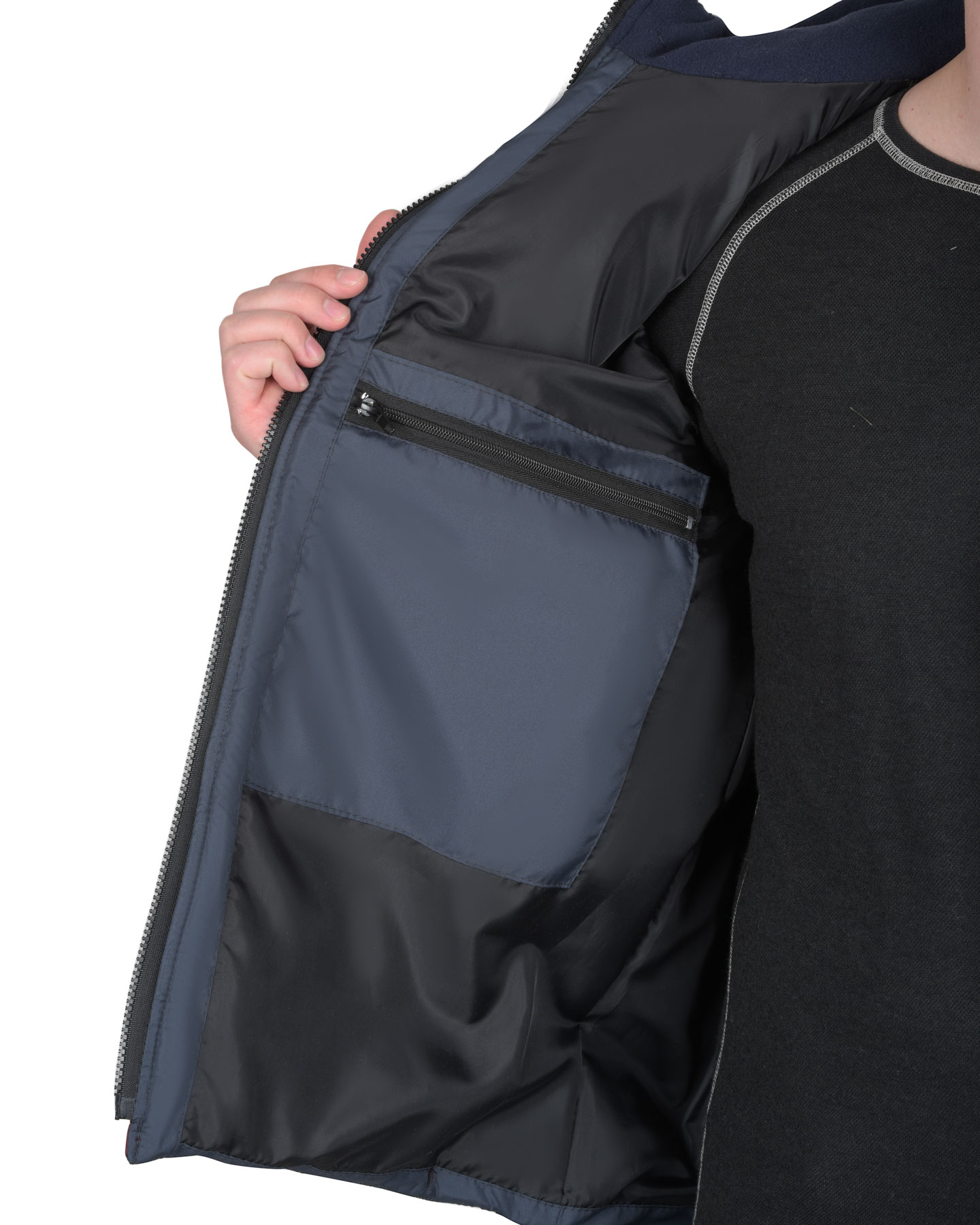 Жилет СИРИУС-УРБАН утепленный с капюшоном сине-серый с бордовым 