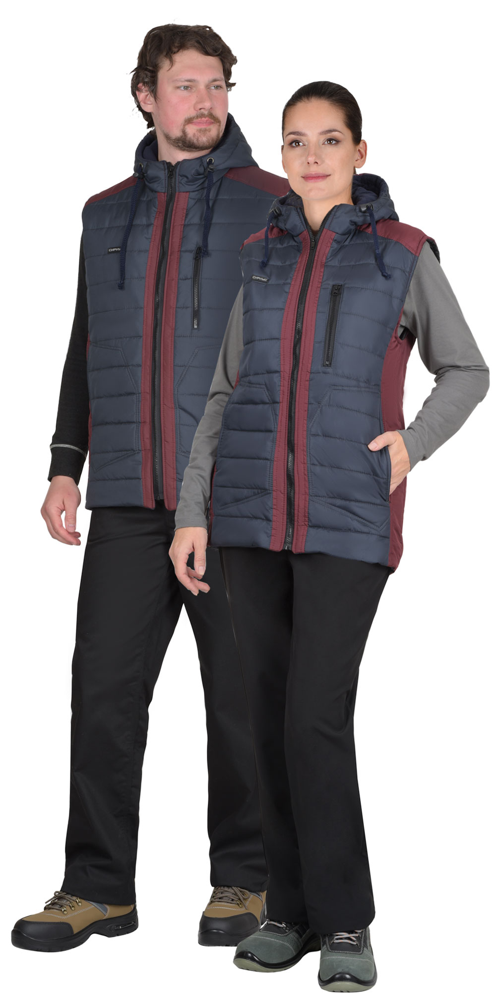 Жилет СИРИУС-УРБАН утепленный с капюшоном сине-серый с бордовым 