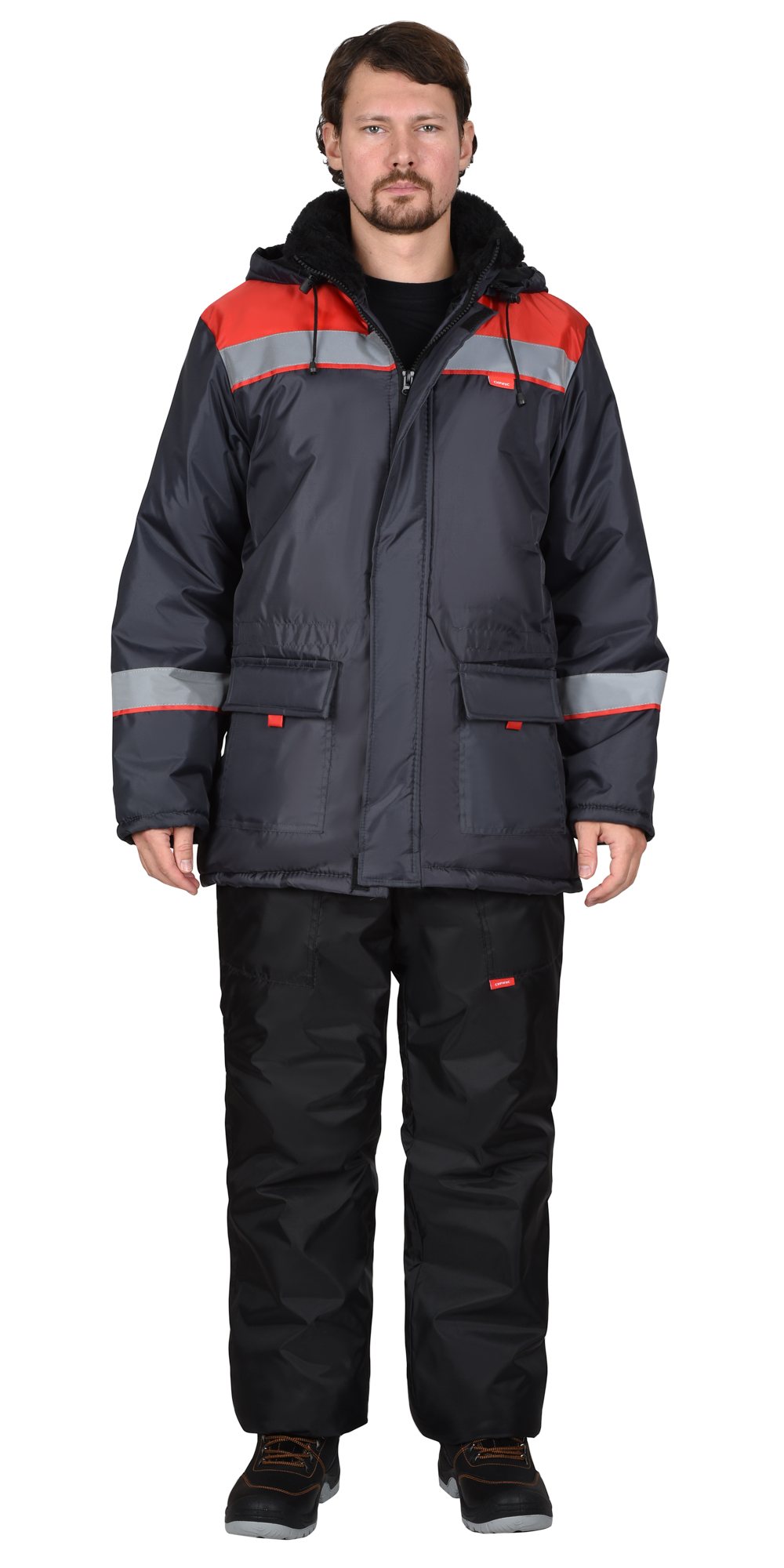 Куртка СИРИУС-БРИГАДИР зимняя мужская с мех. воротником и капюшоном, темно-серая с красным