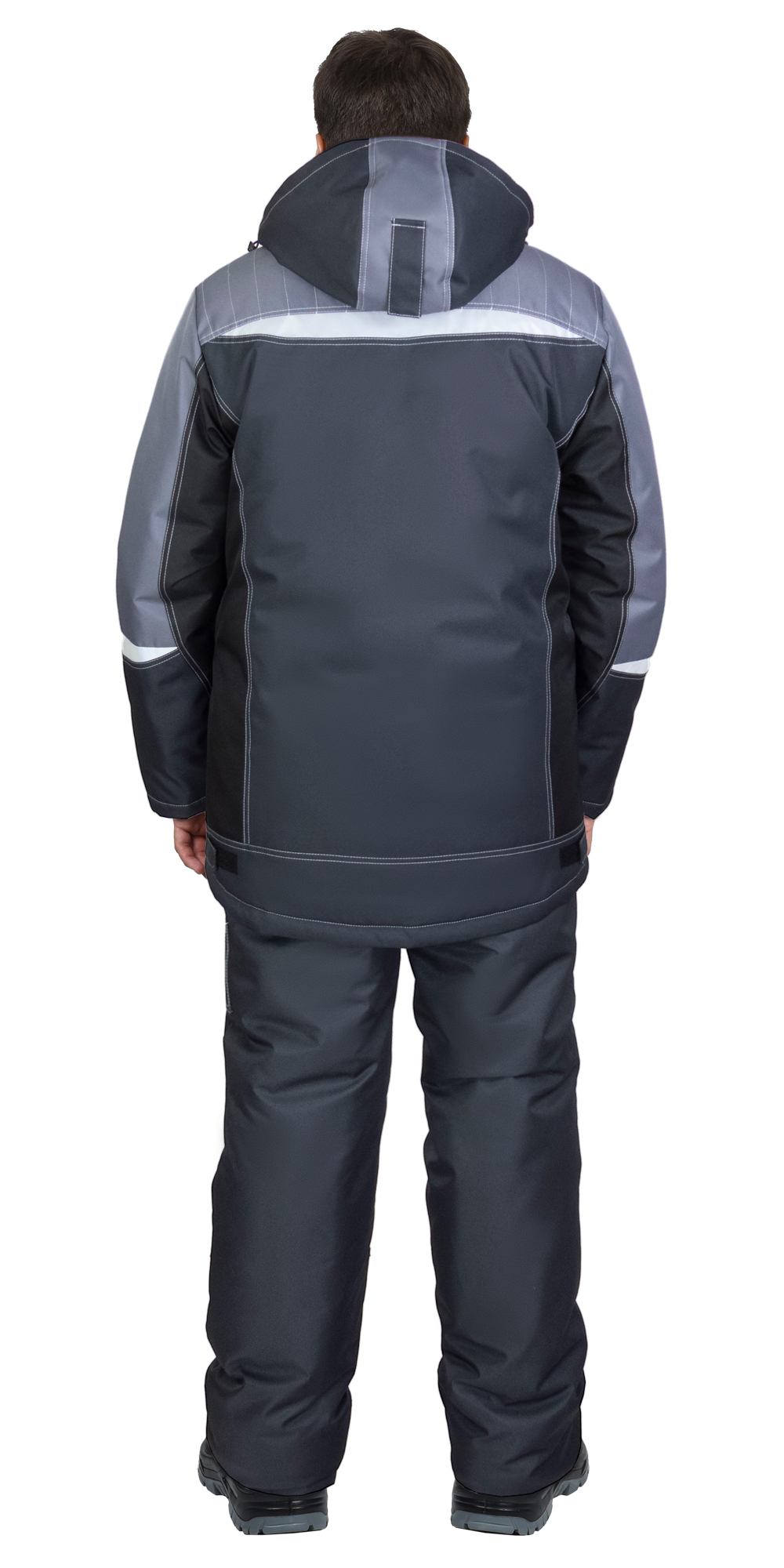 Костюм СИРИУС-ФАВОРИТ-МЕГА-М зимний, куртка длинная, п/к, тёмно-серый с черным и СОП