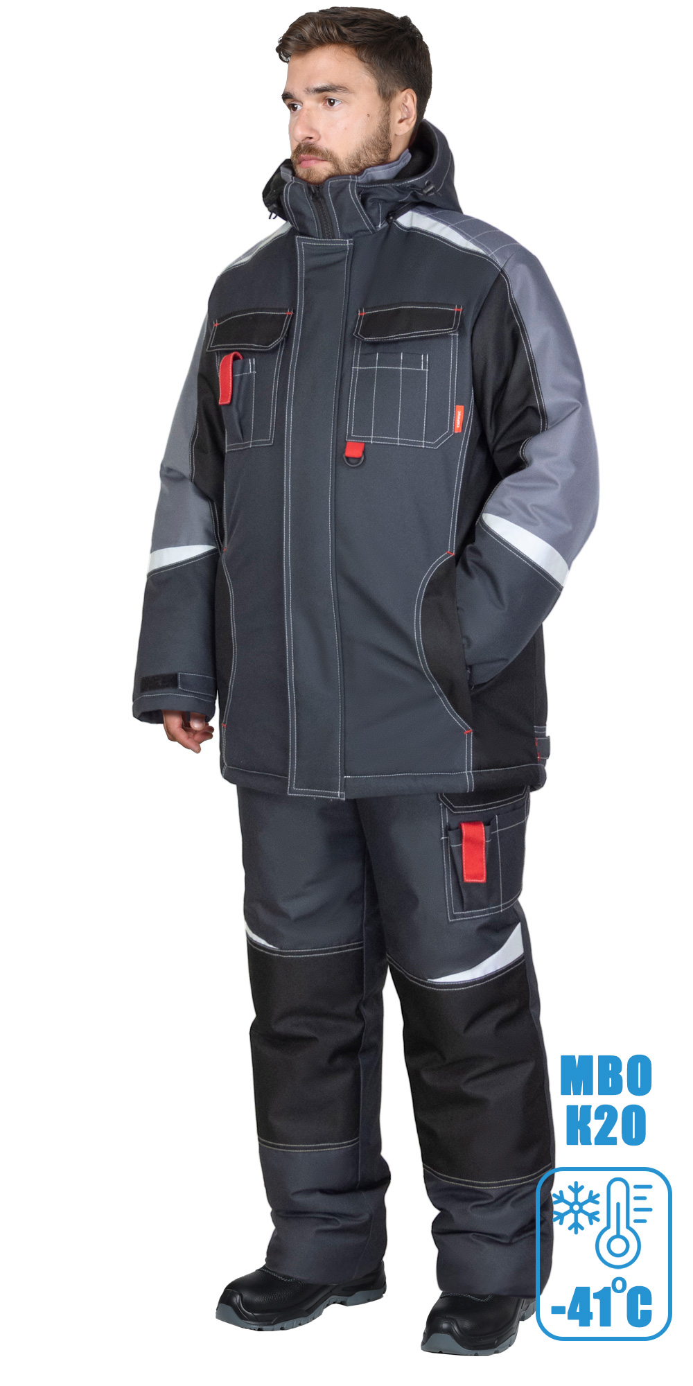 Костюм СИРИУС-ФАВОРИТ-МЕГА-М зимний, куртка длинная, п/к, тёмно-серый с черным и СОП